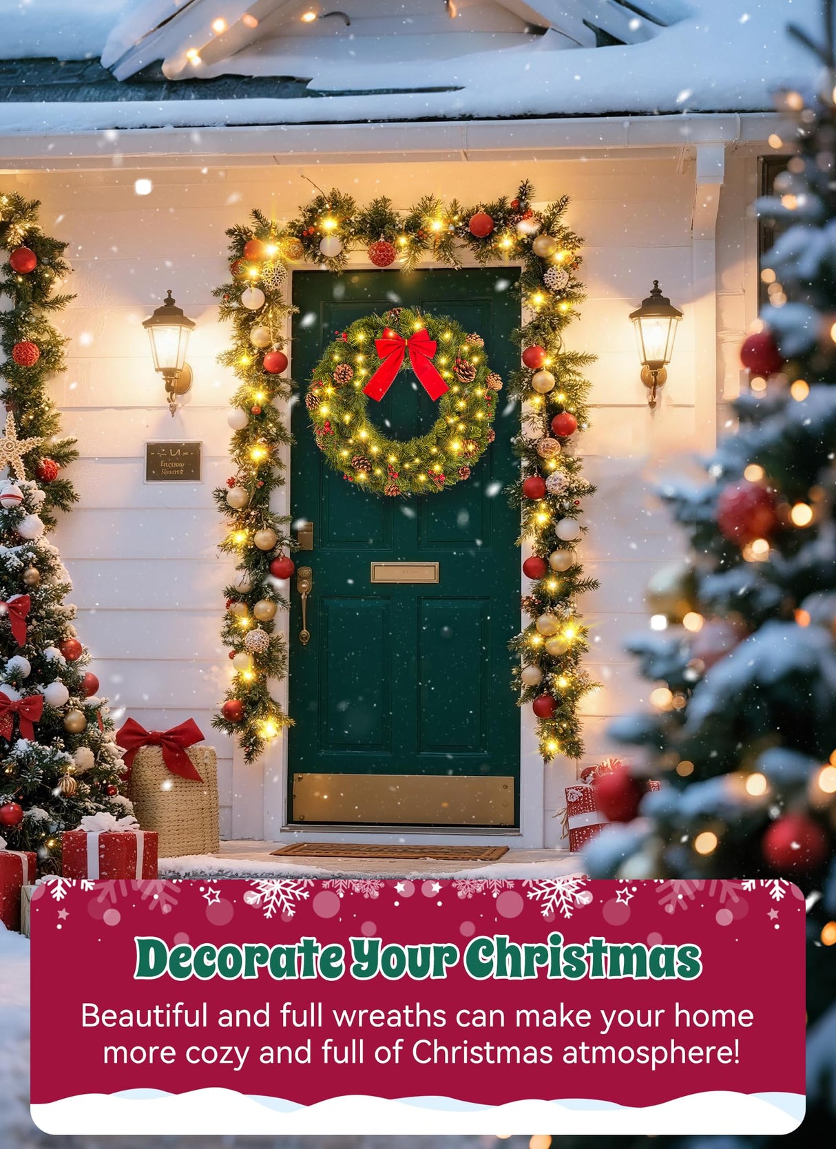 Brightown 24 Inch Pre-Lit Christmas Wreaths for Front Door, IP44 Battery Operated 50 LED Christmas Wreath, Decor with Pinecones Pine Needles Branches Red Berry Mini Bow for Front Door Wall Window Brightown