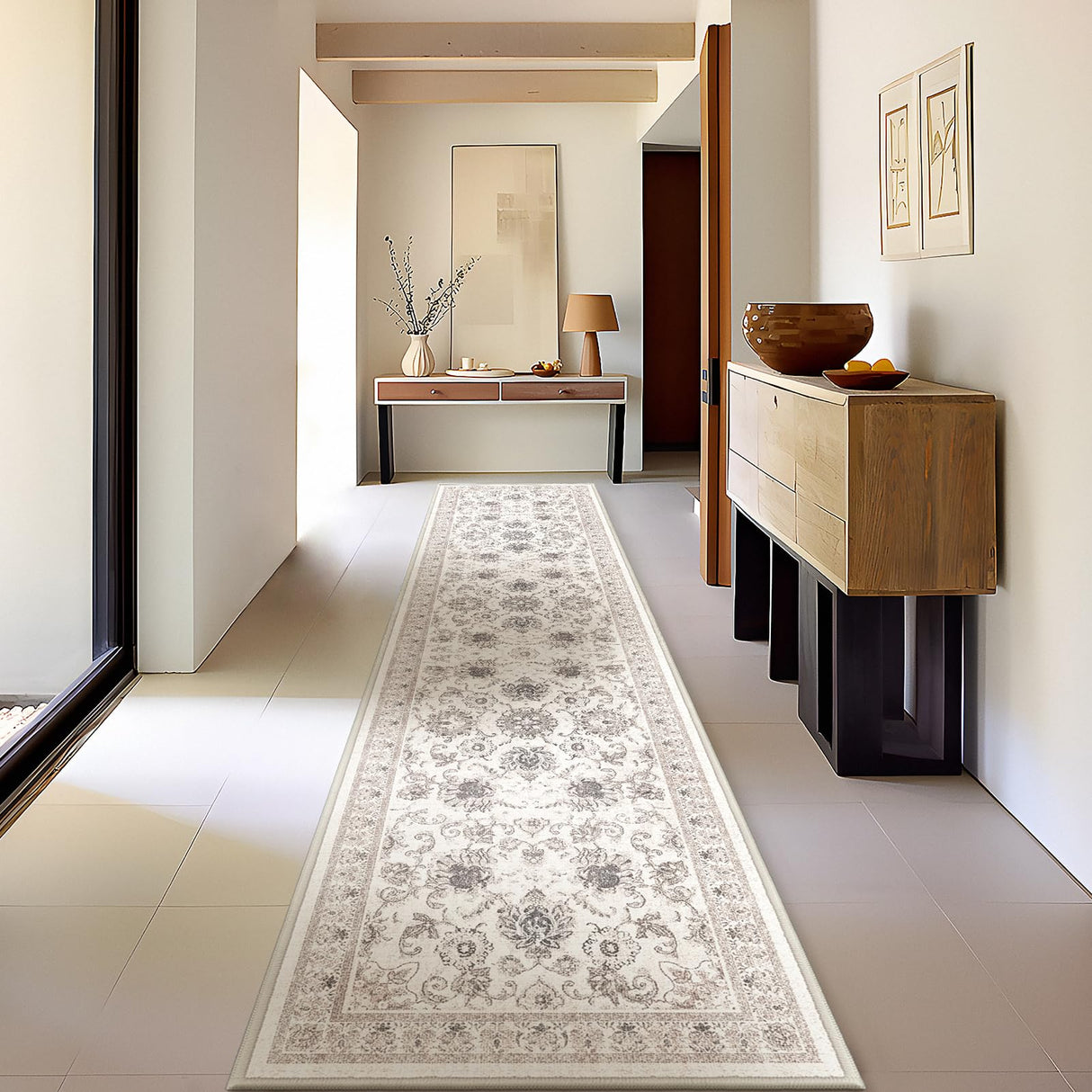 Phantoscope Hallway Runner Rug 2'x10'- Long Rug Runner Boho Washable Non-Slip Carpet for Kitchen Entryway Laundry Bedroom, Ultra-Thin Runners Vintage Distressed Accent Rug, Beige/Neutral Phantoscope