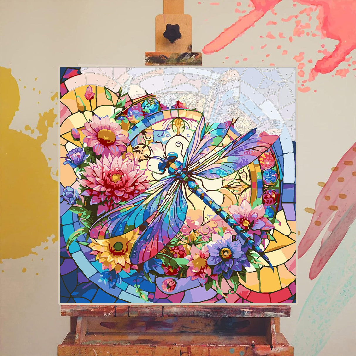 xackcme Dragonfly Paint by Numbers for Adults - Stained Glass Paint by Number on Canvas Without Frame, DIY Oil Painting for Gift Home Wall Decor (16x16 inch) xackcme