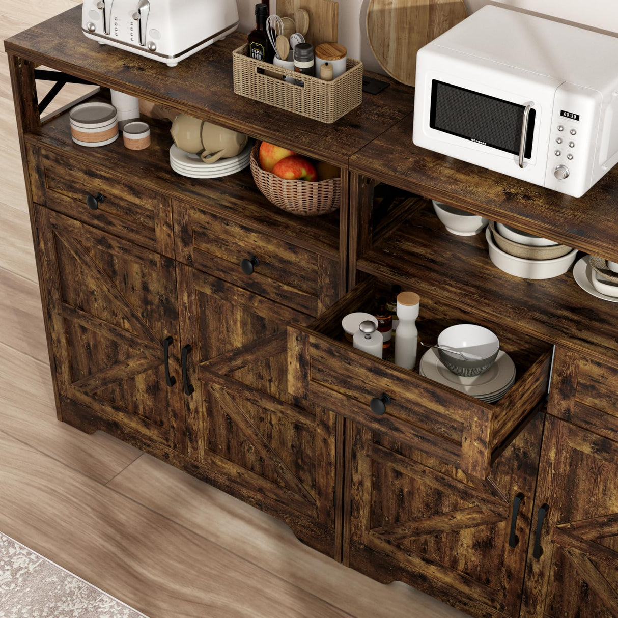 31.5" Rustic Brown Storage Cabinet with Doors and Drawers, Farmhouse Sideboard Buffet Cabinet with Storage, Kitchen Pantry Hutch Cabinet, Coffee Bar Station Table for Kitchen, Livingroom, Dining Room FiveWillowise