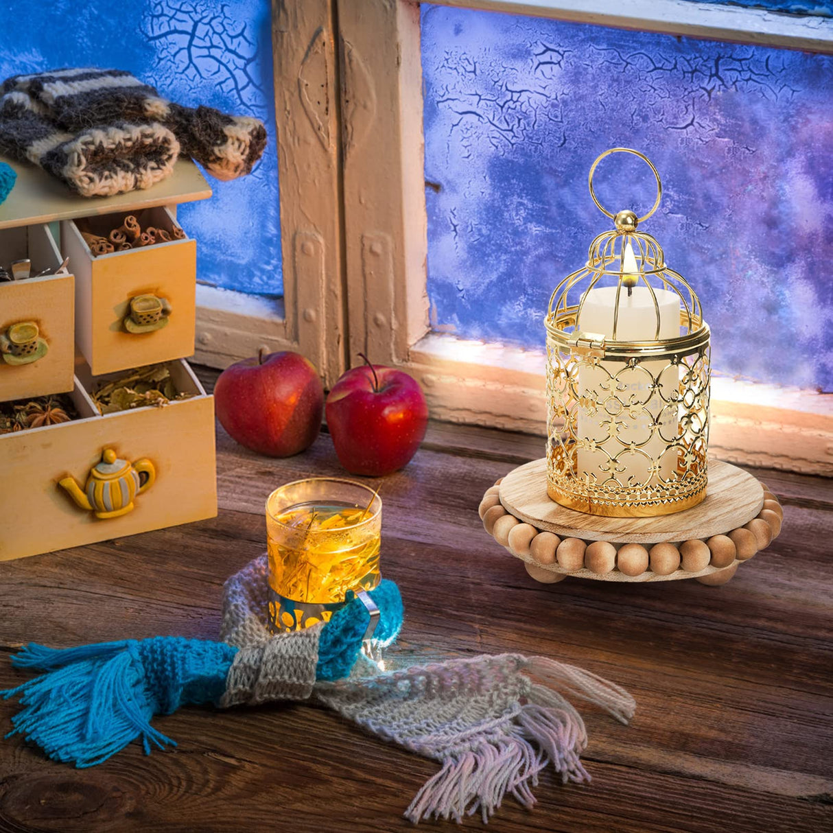 Peohud Set of 3 Wood Risers for Display, Farmhouse Wooden Pedestal Stand, Rustic Stool Plant Pot Holder, Beaded Display Riser for Tiered Tray Home Kitchen Counter Table Decor, 9.5/6/4 Inches Peohud