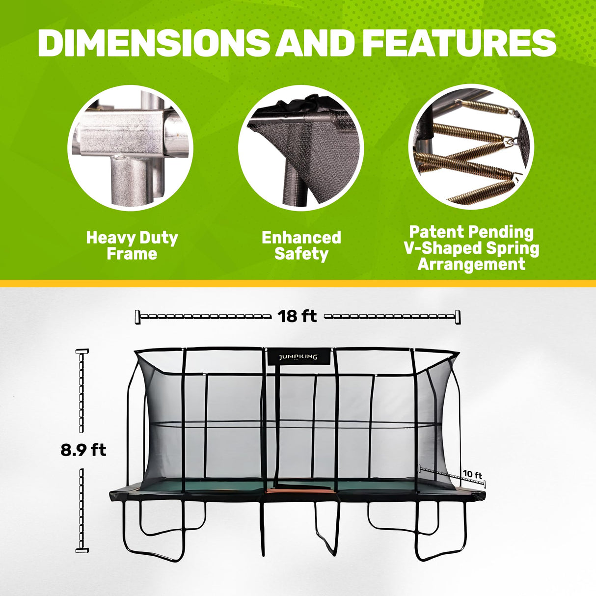 JumpKing Rectangular Trampoline Outdoor 18FT with Enclosure, Ladder, and Net, Large Recreational Trampoline for Kids and Adults, ASTM compliant, Heavy Duty, Weather-Resistant, 1200LBS Capacity JumpKing