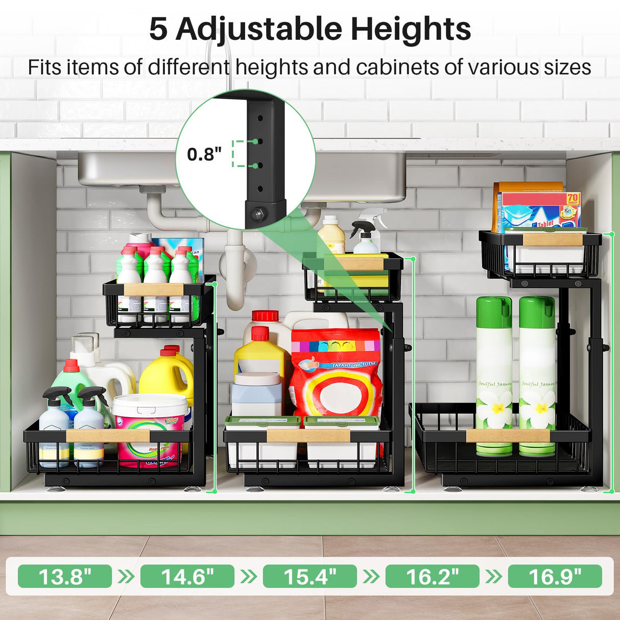Under Sink Organizer, 2 Packs 2 Tier Under Sink Organizers and Storage, Slide Out Pull Out Cabinet Organizer Shelf, Metal Sliding Drawer for Kitchen Bathroom Pantry Cabinet Closet Organization Rack Kitstorack