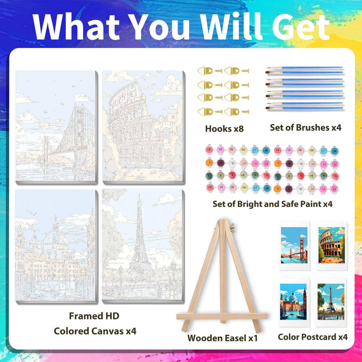 xcemhil 4 Pack Paint by Number for Adults Canvas with Wooden Frame, Paint by Number Kit for Adults Landscape, Famous City Paint by Numbers with Wooden Easel for Home Wall Art Decor Use 8x12 Inch xcemhil