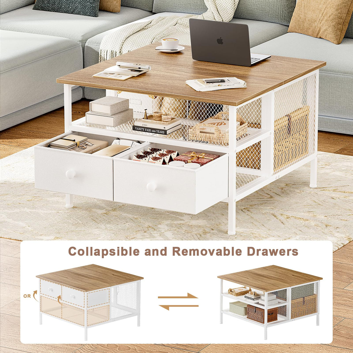 FABATO Flip Top Coffee Table, Square Coffee Tables Metal Wood, Farmhouse Lift Up Coffee Table Cocktail Table with Wire Mesh Barn Door and Storage, Steel Frame, Small Tea Table for Living Room, White FABATO