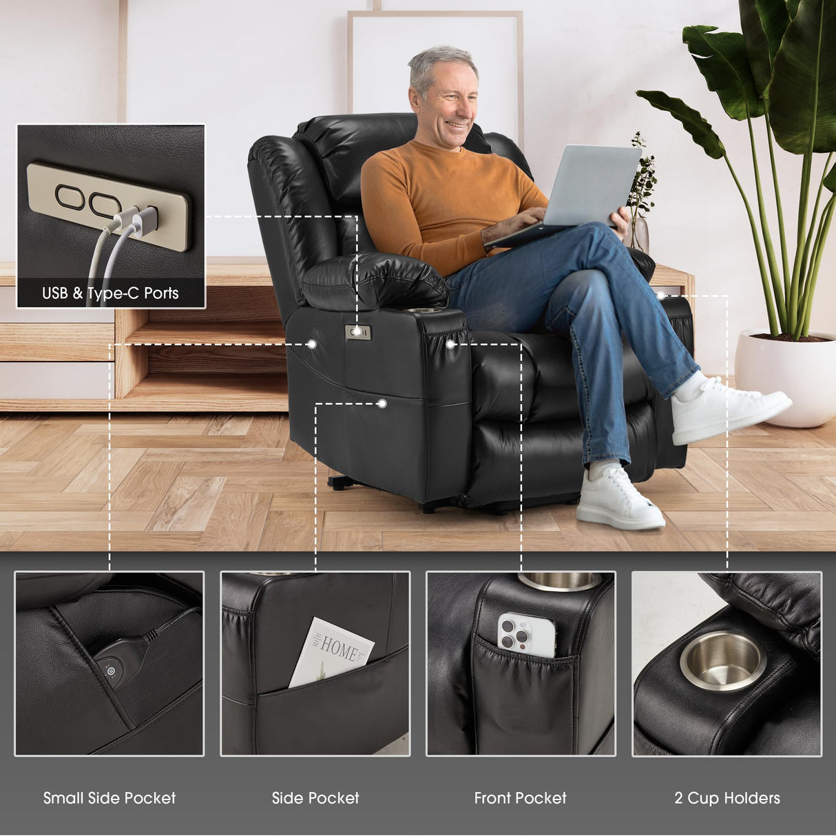 Outspurge Power Lift Recliner Leather Chair Sofa with Massage & Heat, Lazy Boy Chair with Cup Holders, USB & Type-C Ports, Remote Control (Black) Outspurge