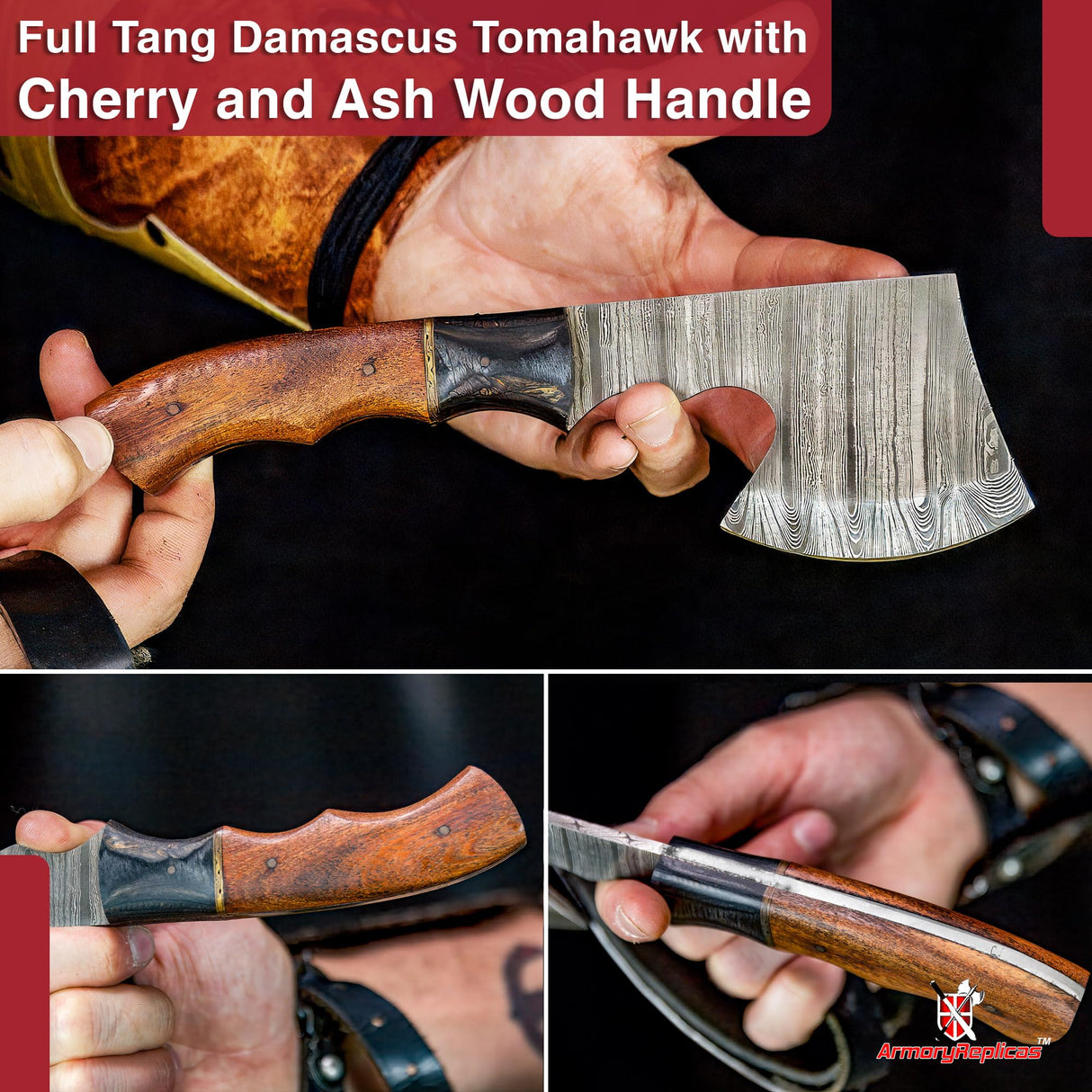 Armory Replicas™ Velocity in Target Throwing Axe - Full Tang Tomahawk with Damascus Steel Blade, Cherry & Ash Wood Handle, 9.5 Inches Overall Length, Includes Genuine Leather Sheath Armory Replicas