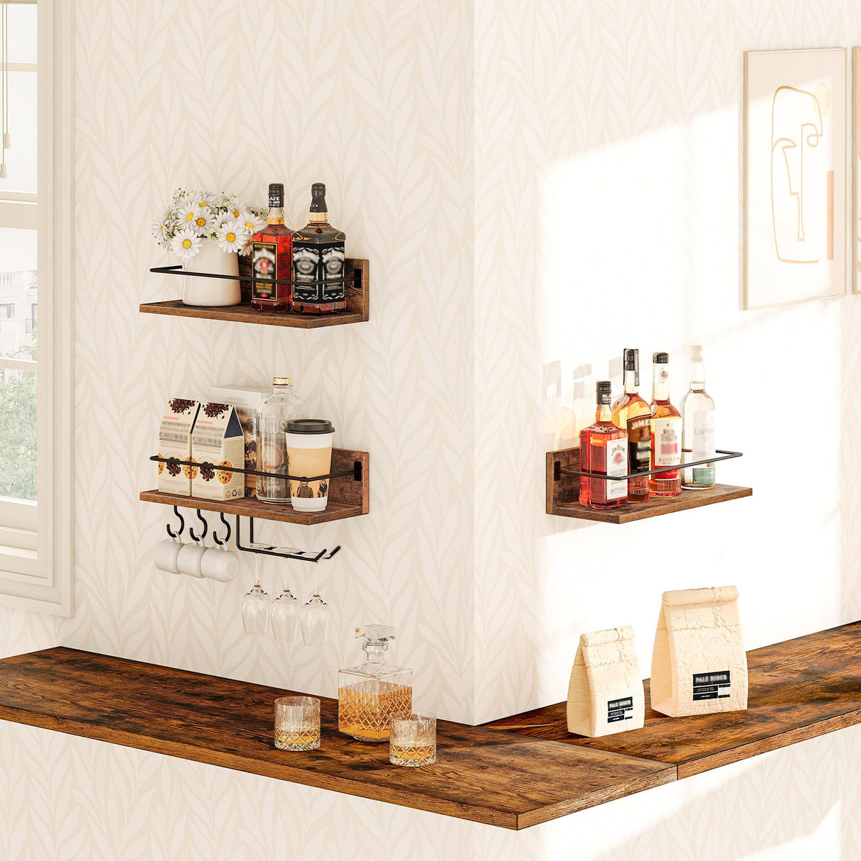 HOOBRO Wall Mounted Wine Rack 3 Pack, Wine Shelf Hanging Floating Wall Shelves, Wine Glass Bottle Rack Stemware Holder, for Living Room, Dining Room, Kitchen, Rustic Brown and Black BF33BJ01 HOOBRO