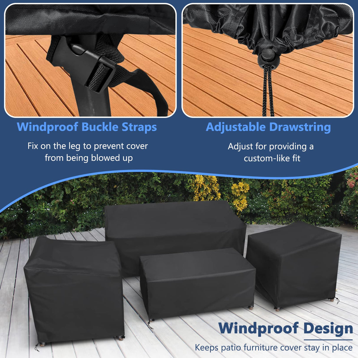 STARTWO Outdoor Furniture Cover Waterproof, 4 Piece Patio Furniture Covers Set, Heavy Duty Lawn Patio Covers for 1xSofa Cover, 2xChair Covers, 1xCoffee Table Cover with Windproof Buckle Strap, Black STARTWO