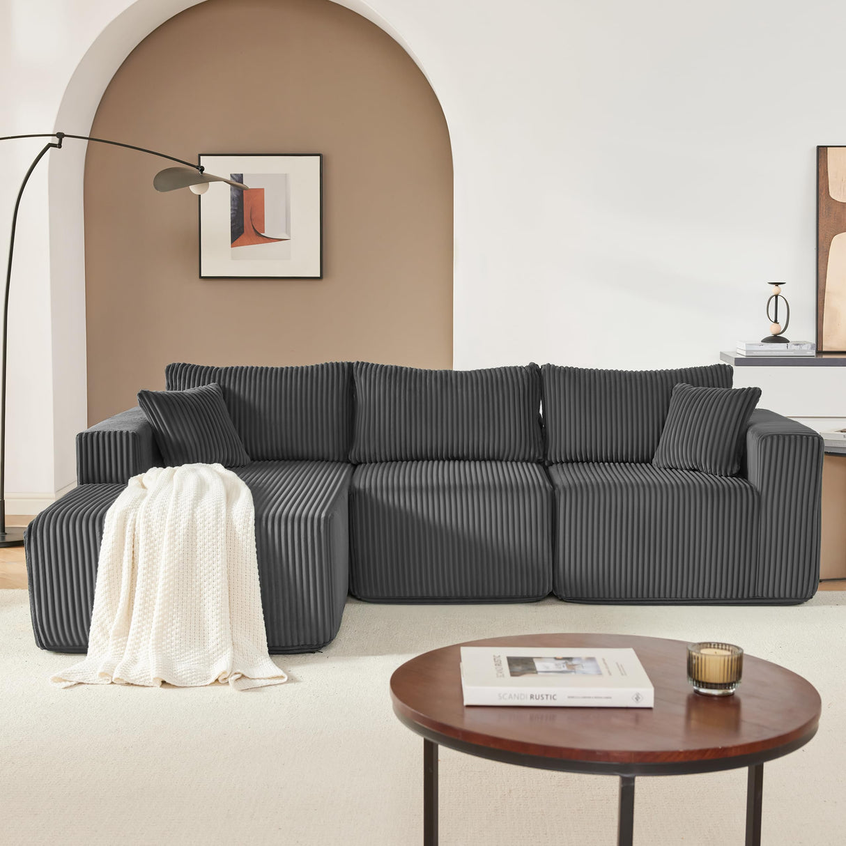 97" Boneless Couches for Living Room, Cloud Couch Sectional with Deep Seat, Comfy Couch with L-Shaped Chaise, Minimalist Upholstered Modular Sectional Sofa, No Assembly Required (Corduroy,Grey) Huatean Home