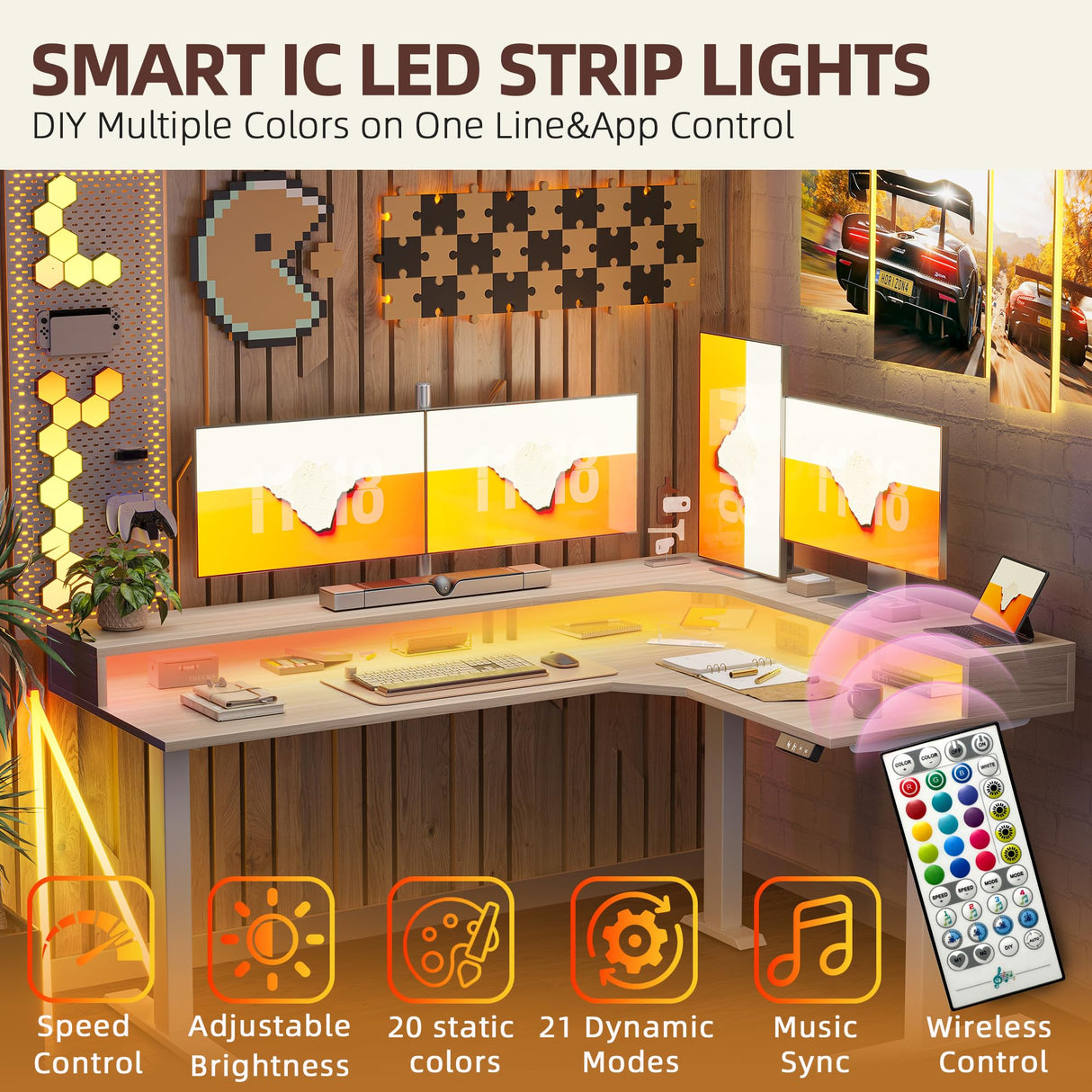 TIQLAB 63'' L-Shaped Standing Desk with LED Light Strip and Power Outlet, Height Adjustable Corner Table with Ergonomic Monitor Stand, Light Walnut TIQLAB