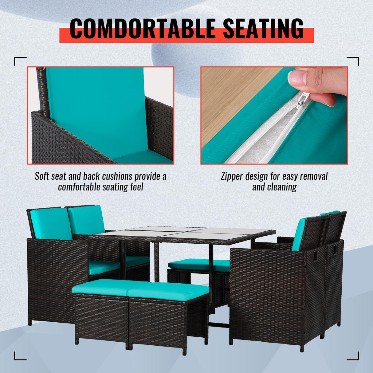 Outdoor Patio Furniture Set 9 Pieces Patio Dining Sets Space Saving Wicker Furniture with 4 Rattan Chairs 4 Ottomans and Glass Table for Outdoor Backyard Porch Poolside Balcony,Khaki Cushion (Blue) PayLessHere