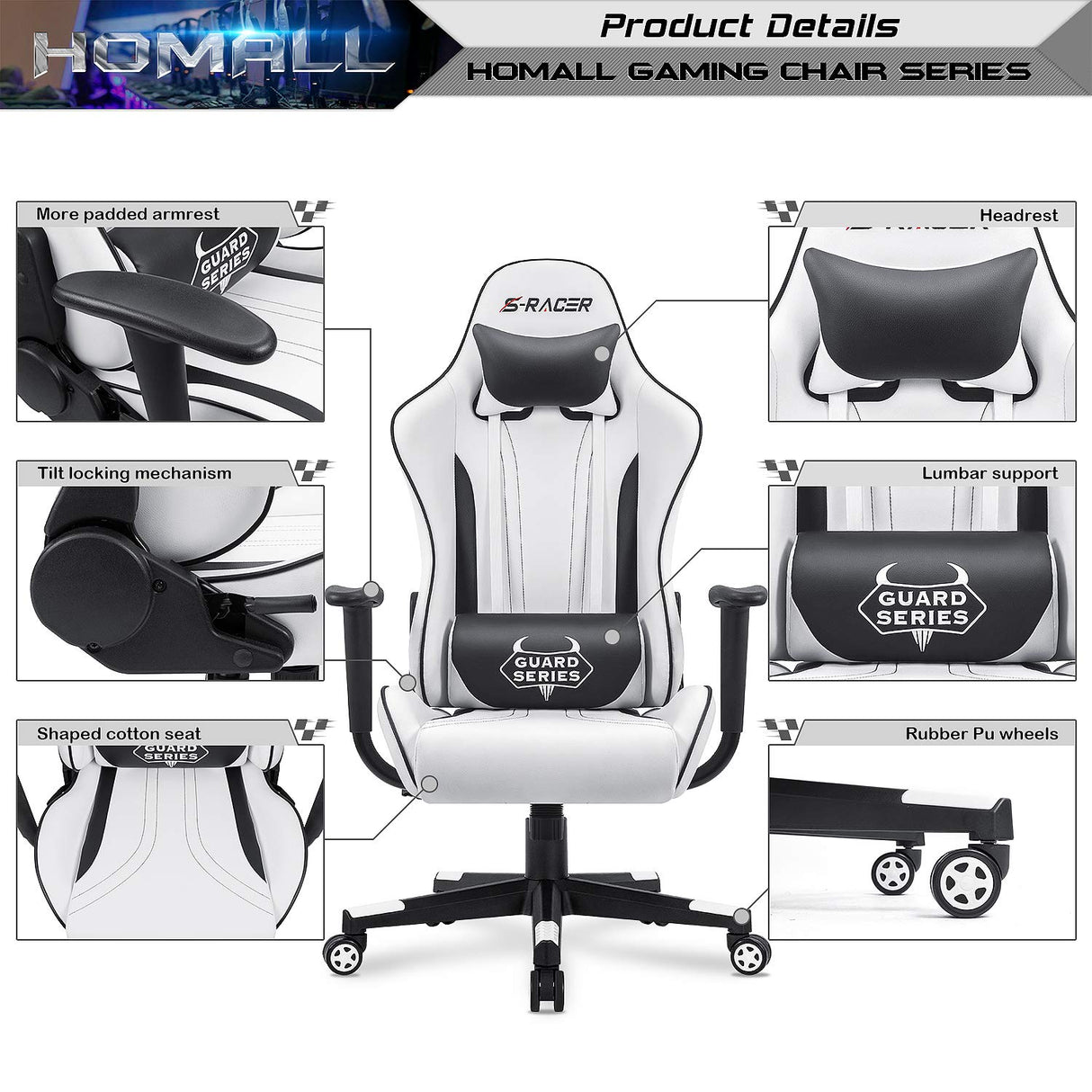 Homall Gaming Chair, Video Game Chair with Footrest and Lumbar Support, Ergonomic Computer Chair Height Adjustable with Swivel Seat and Headrest (Pale White) Homall