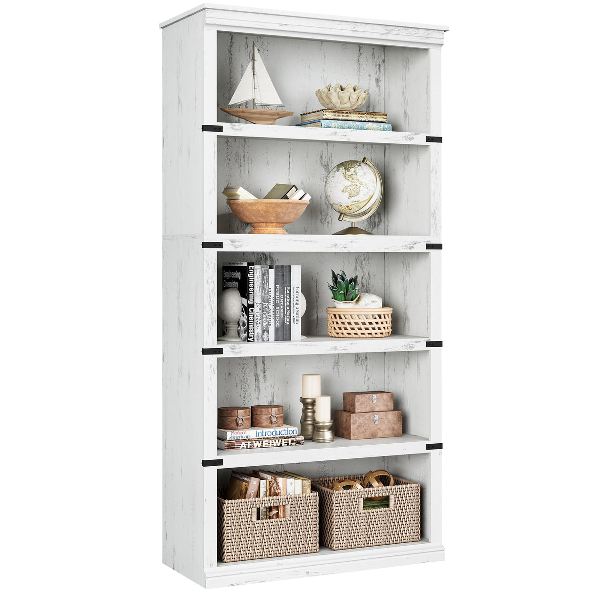 IDEALHOUSE 5 Tier Bookcase, Farmhouse Book Shelf with Storage, Tall Book Case Wooden 5 Shelf Bookcase for Home Office, Living Room, Bed Room (White, 67.4" H x 31.5" W x 12.8" D) IDEALHOUSE