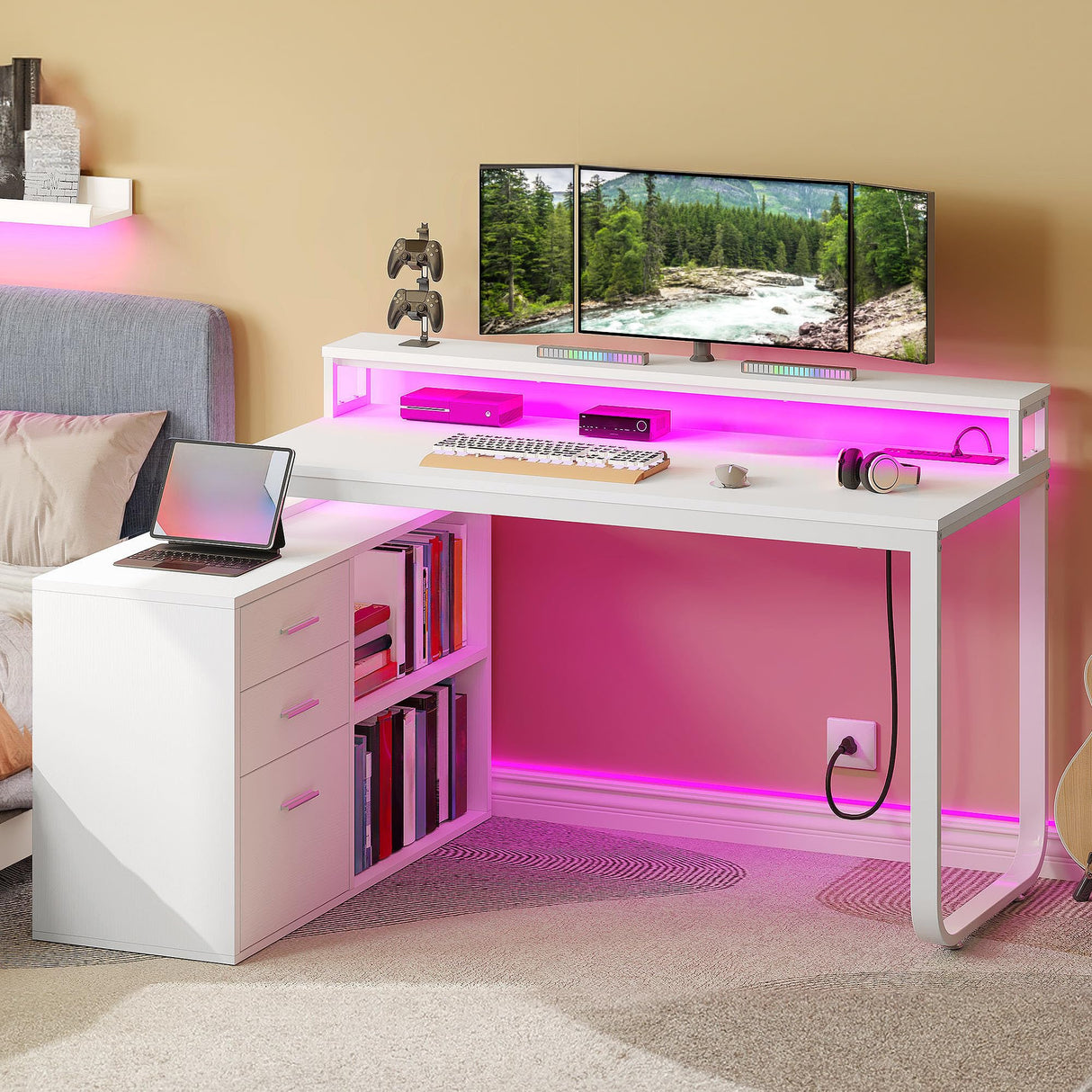 DWVO L Shaped Desk with Drawers, 55" Corner Computer Desk with Power Outlets & LED Lights, Home Office Desk with File Cabinet, White DWVO
