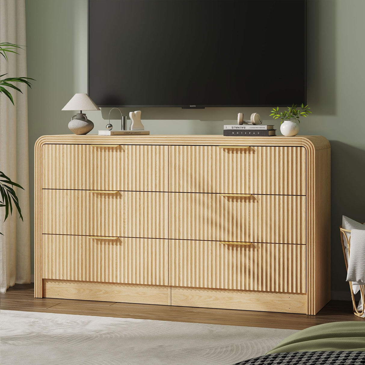 Decofy Fluted 6 Drawers Dresser for Bedroom,55'' Wide Wood Dressers with Gold Handles, Modern Dressers with Wave Texture, Large Storage Chest of Drawers, Bedroom Dresser Organizer (Natural Oak) Decofy