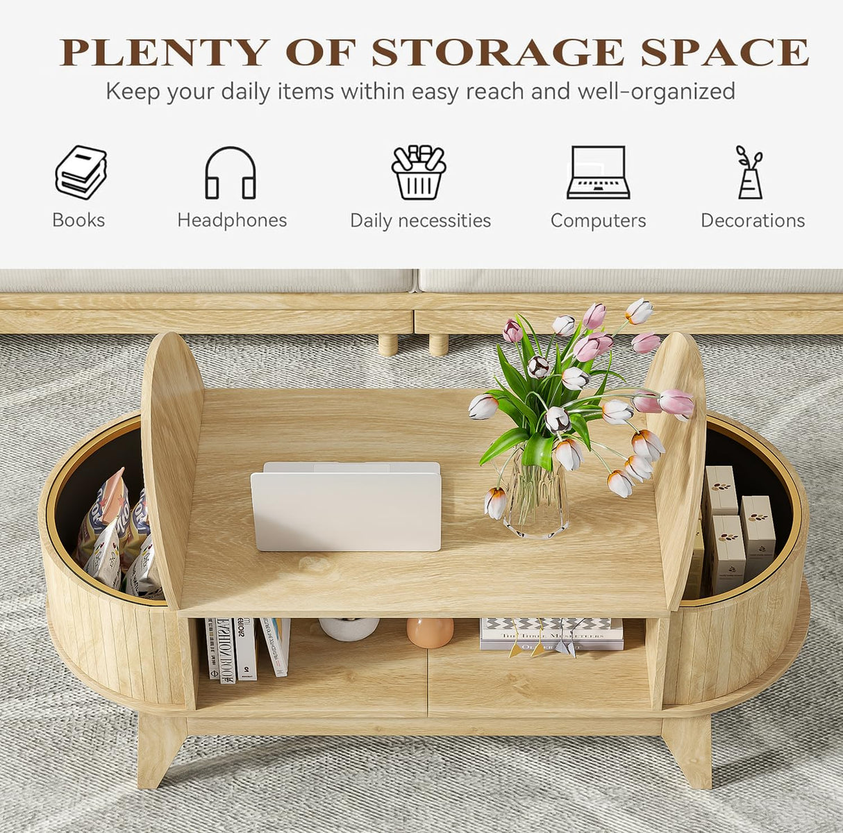 Fsbecl 46.45'' Oval Coffee Tables for Living Room, Mid Century Modern Coffee Table with Storage, Wood Fluted Accent Center Table with Flip-Top Lids for Home,Office (Wood Color) Fsbecl