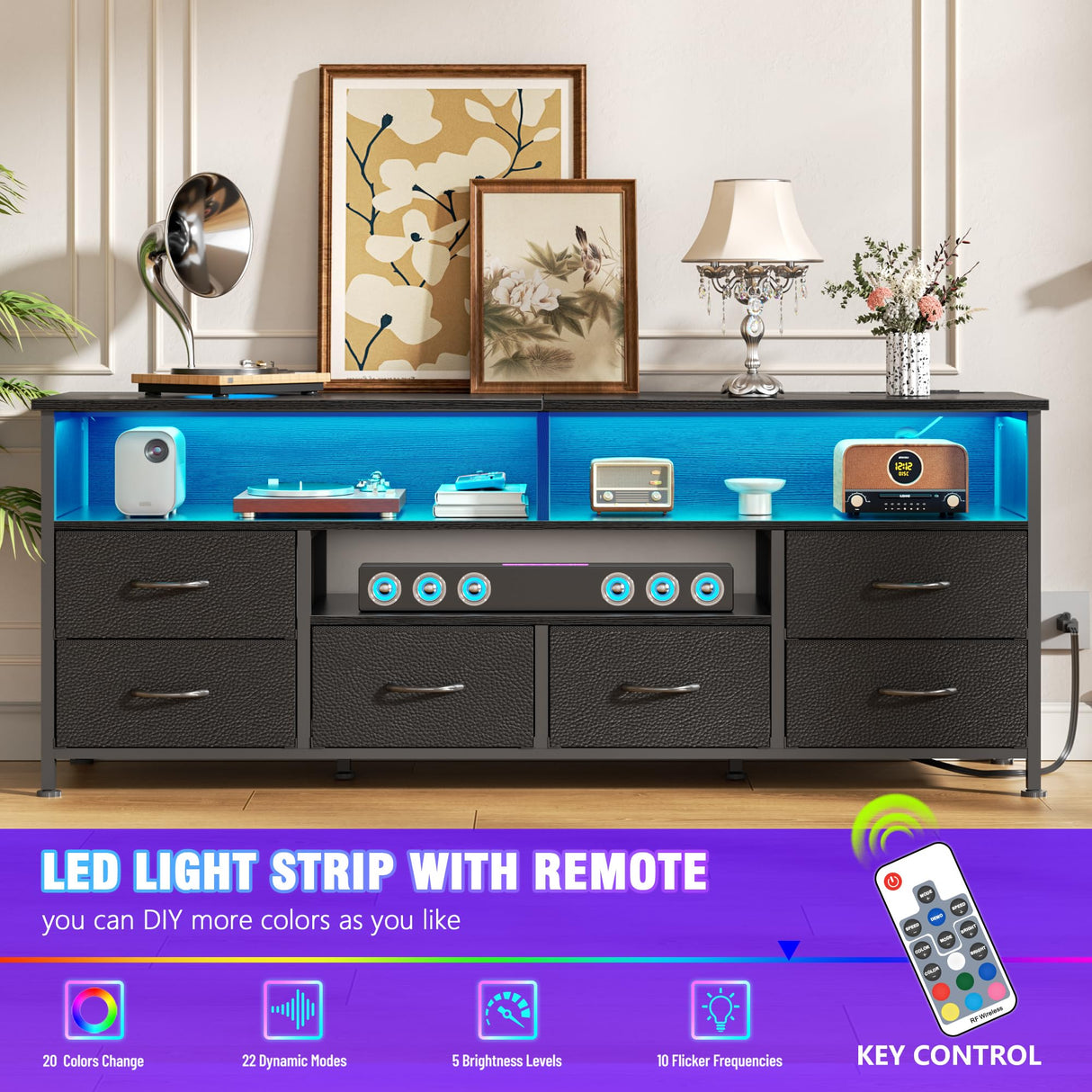 Furologee 55" LED TV Stand for Bedroom with Power Outlets, Entertainment Center with 6 Fabric Drawers for 50/55/60 inch TVs, Dresser TV Stand Long Console Media Table for Living Room, PU Black Furologee