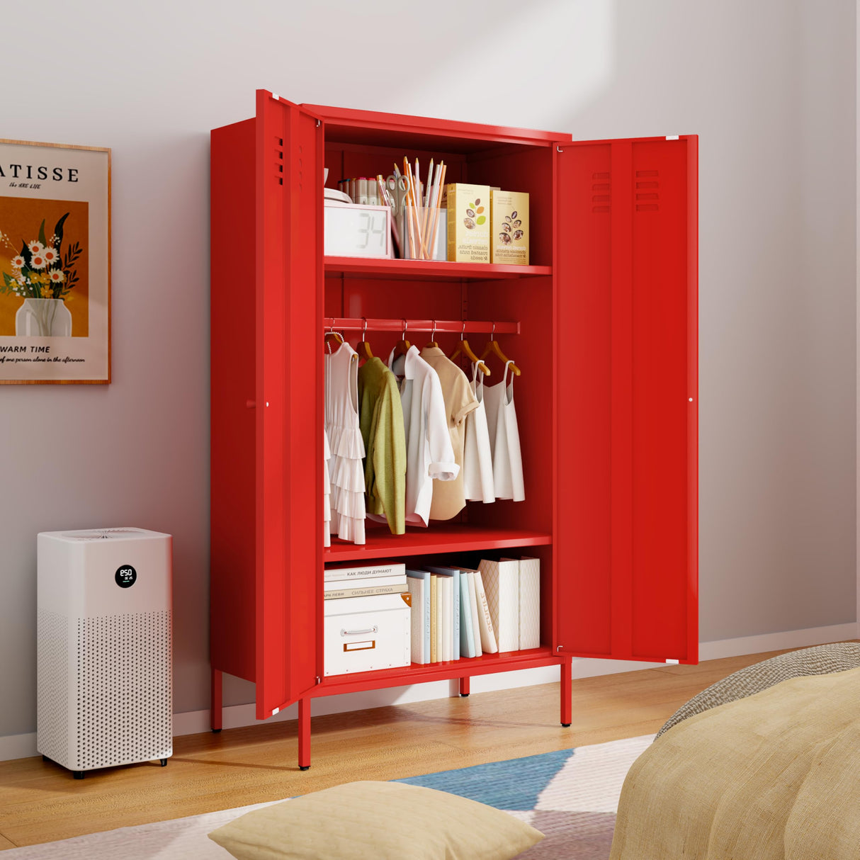 SunLinkSan Metal Storage Cabinet with Doors and Adjustable Shelves, Organization Locker, Farmhouse Kitchen Pantry for Cupboard, Bedroom, Dining, Living, Bathroom, Office, Garage Room (Wardrobe, Red) SunLinkSan