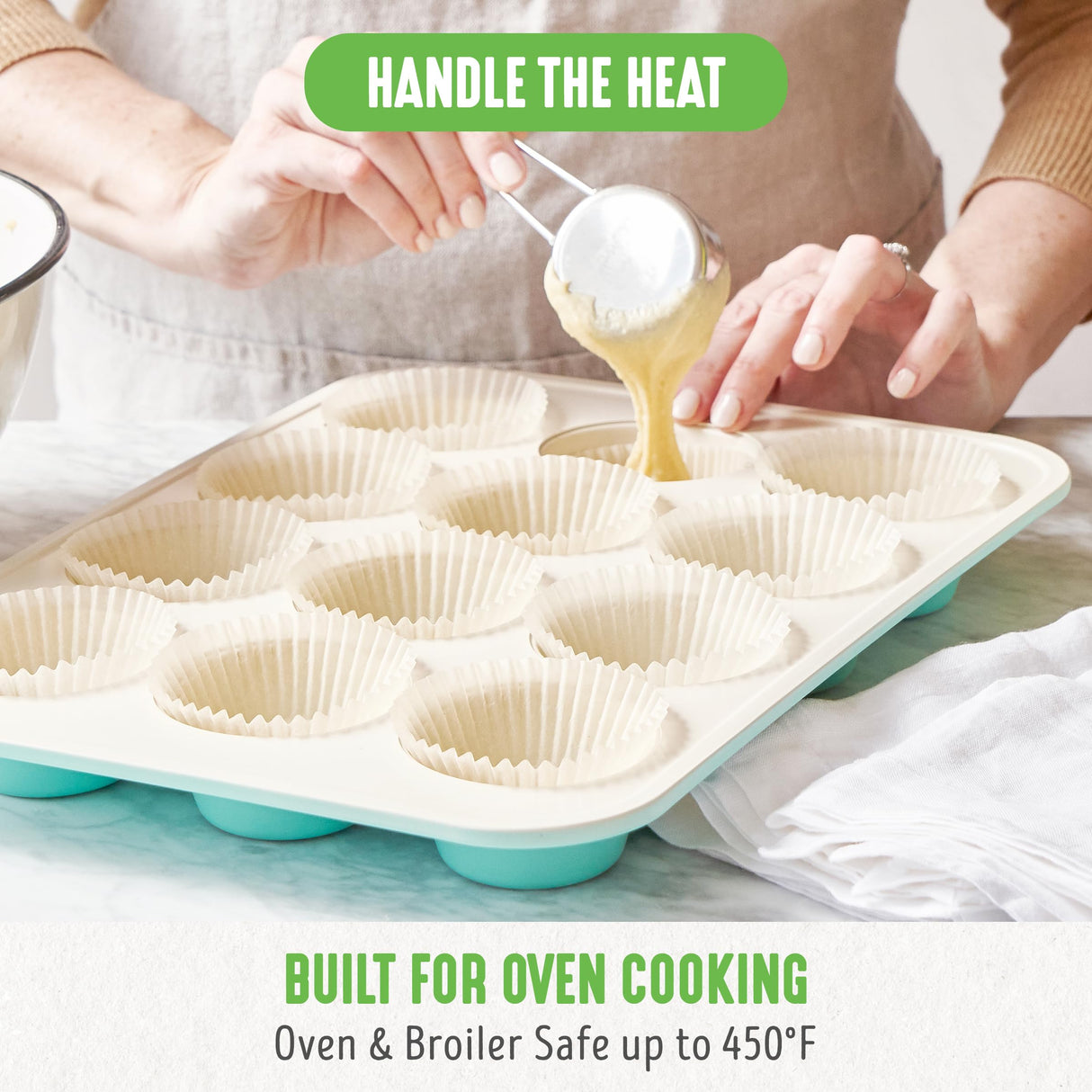 GreenLife 12-Cup Muffin Pan, Healthy Ceramic Nonstick Bakeware, PFOA & PFAS-Free Cupcake Tray, Durable Baking Pan, Versatile Kitchen Essential, Easy Clean Muffin Mold, Nonstick Baking Sheet, Turquoise GreenLife