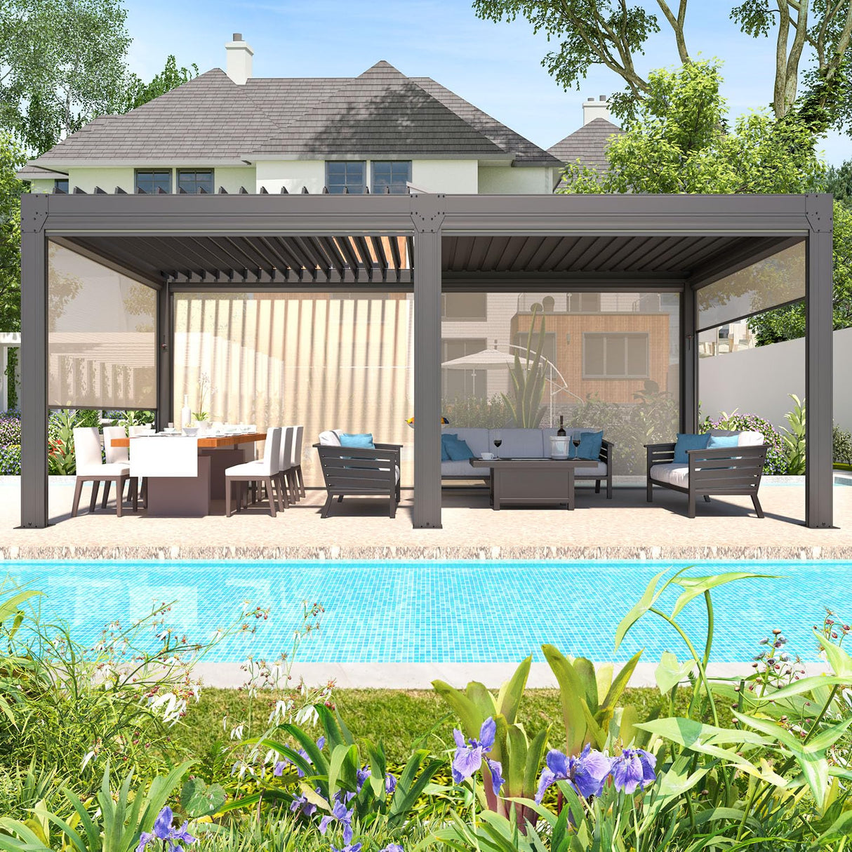 YOLENY Louvered Pergola and 6 Pull-Down Screens, 10x20FT All Aluminum Pergola with Adjustable Rainproof Roof, Outdoor Sun Shade Shelter for Patio, Weatherproof, Dark Gray YOLENY