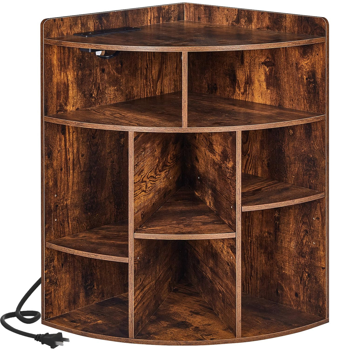 VECELO Corner Cube Shelf with USB Ports & Outlets, Modern Corner Toy Storage Rack with Adjustable Shlef, Wooden Display Bookshelf Bookcase for Living Room, Bedroom, Dining Room, Kitchen, Brown VECELO
