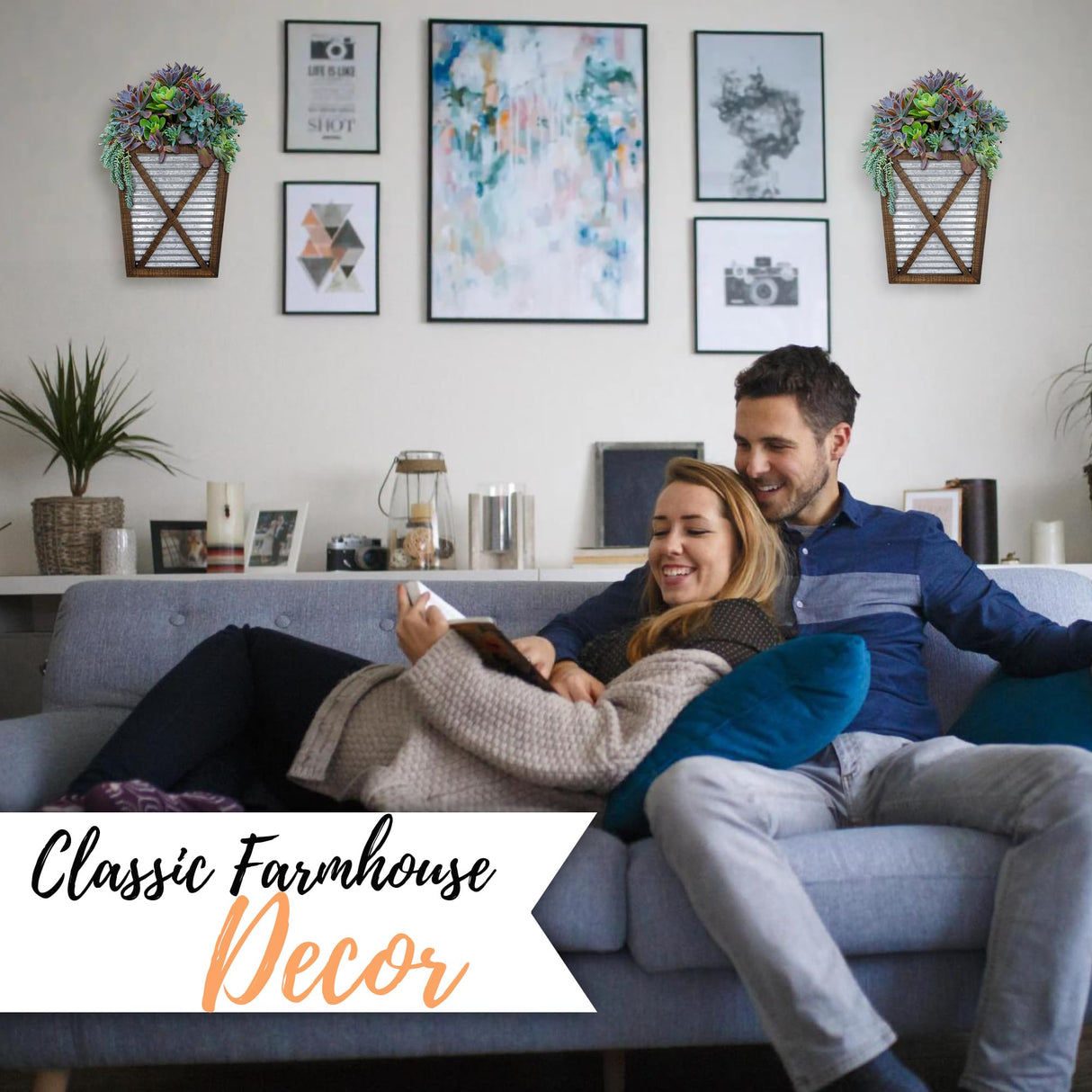 Autumn Alley Large Rustic Farmhouse Wall Planter Set of 2, Farmhouse Decor Wall Hangings for Hanging Planter Indoor, Galvanized Wall Planter, Corrugated Metal, Wooden, Brown - Flowers Not Included Autumn Alley