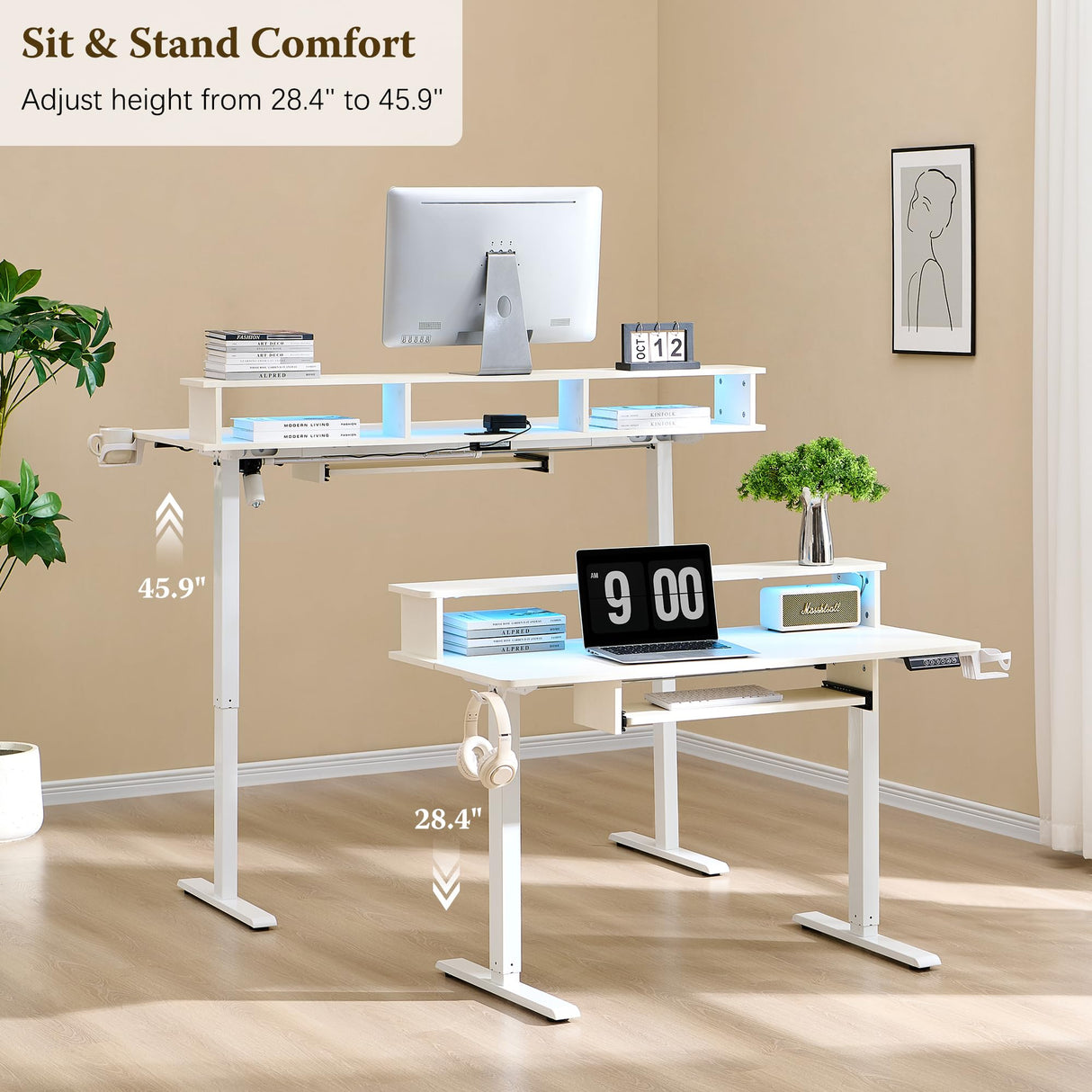OKD Electric Standing Desk Adjustable Height, 48" x 24" Sit Stand Desk with LED Lights, Keyboard Tray, and Monitor Shelf - Modern Ergonomic Home Office Desk for Gaming and Work, Antique White OKD