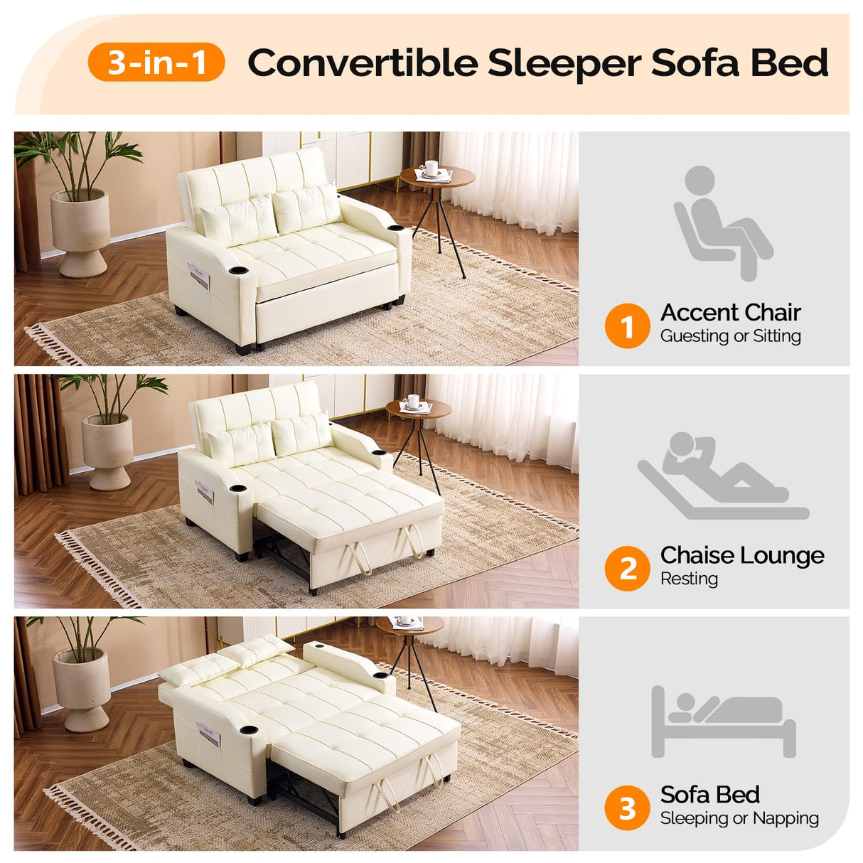 VINGLI Beige Loveseat Sleeper Sofa, Convertible Futon Sofa Bed Faux Leather Pullout Couch Bed with USB Ports, Cup Holders, Armrest for Living Room, Bedroom, Home Office Apartment VINGLI