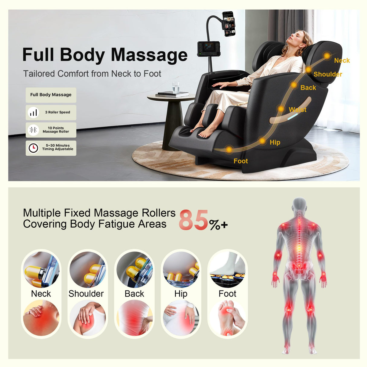 2025 Massage Chair Full Body, Zero Gravity Shiatsu Massage Chair Recliner - Upgraded 10-Point Roller, Heating, Airbags, Foot Roller, Bluetooth, Back Pain Relief, Gift for Parent (Classic Black) VUYSUYVY