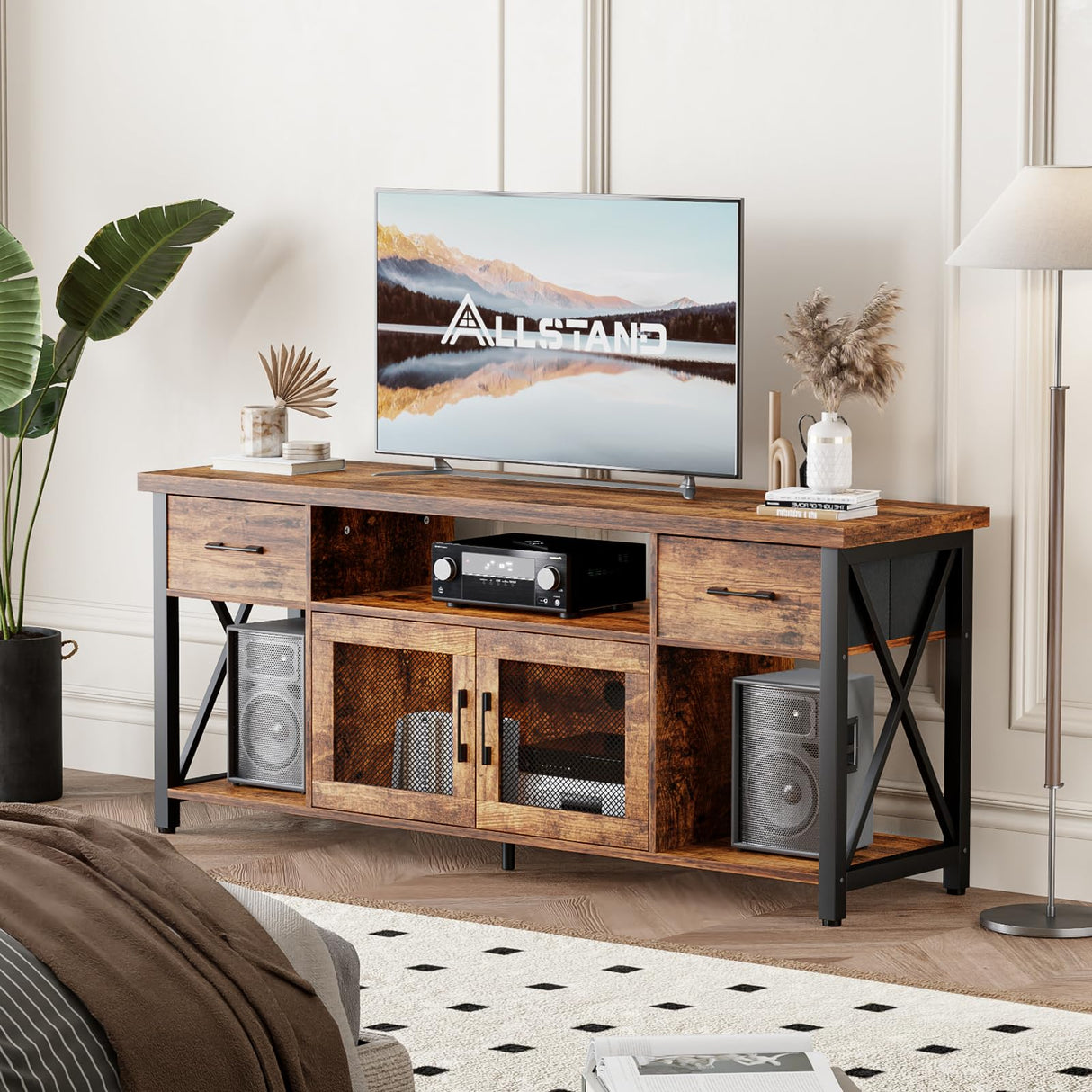 ALLSTAND TV Stand for 55 60 65 Inch TV, Entertainment Center with Fabric Drawers & Storage Cabinets, Industrial Media Console Table with Soundbar Shelf for Living Room, Bedroom, 55 Inches Rustic Brown ALLSTAND