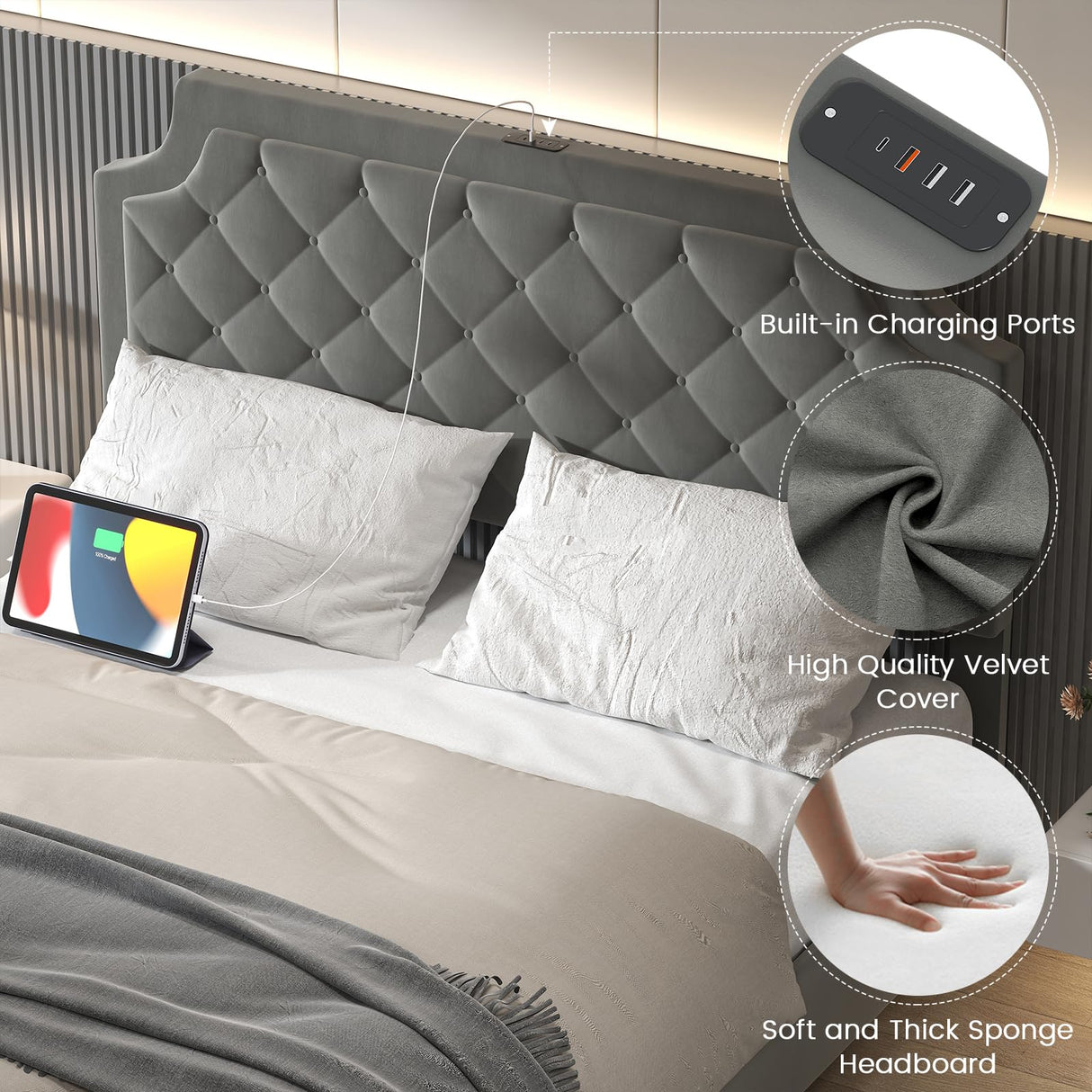 Queen Size Lifting Upholstered Bed Frame with Adjustable Headboard, Storage Space & LED Lighting Saudism