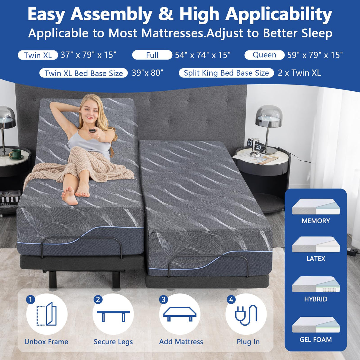 Split King Adjustable Bed Bases with Mattress, 12 Inch Grey Gel Memory Foam Medium-Firm Mattress in Box, Adjustable Bed with Wireless Remote, Sturdy Metal, Easy Assembly Smart Electric Bed Frame Vipbear