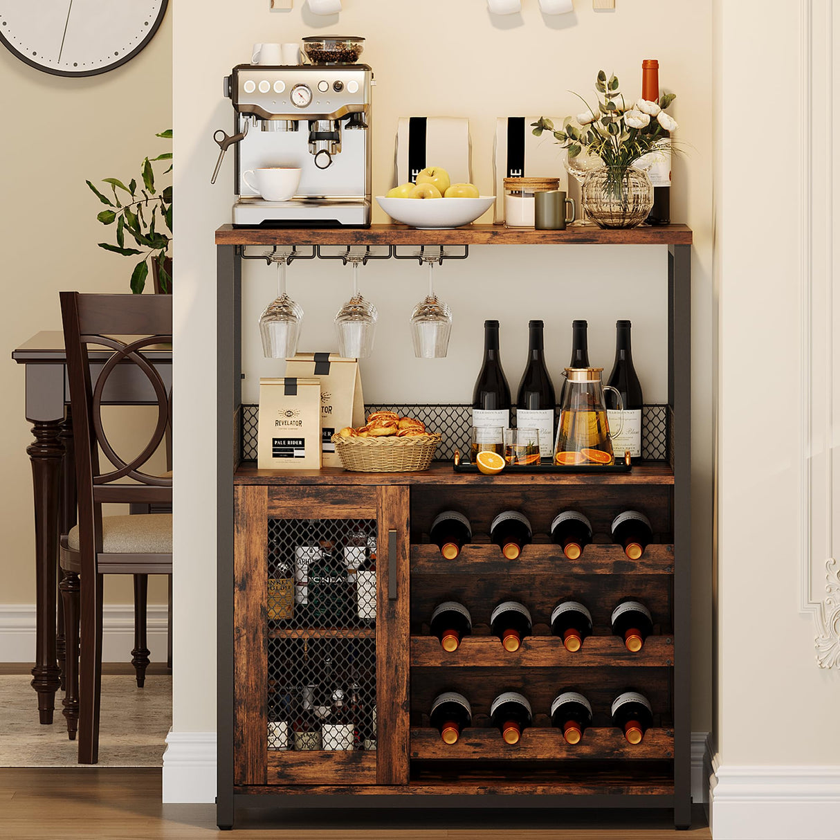 GarveeHome 3-Tier Wine Bar Cabinet with LED Lights, Detachable Wine Rack and Storage Space, Buffet Cabinet with Glass Holder and Mesh Door, for Kitchen, Living Room and Bar, Rustic Brown GarveeHome