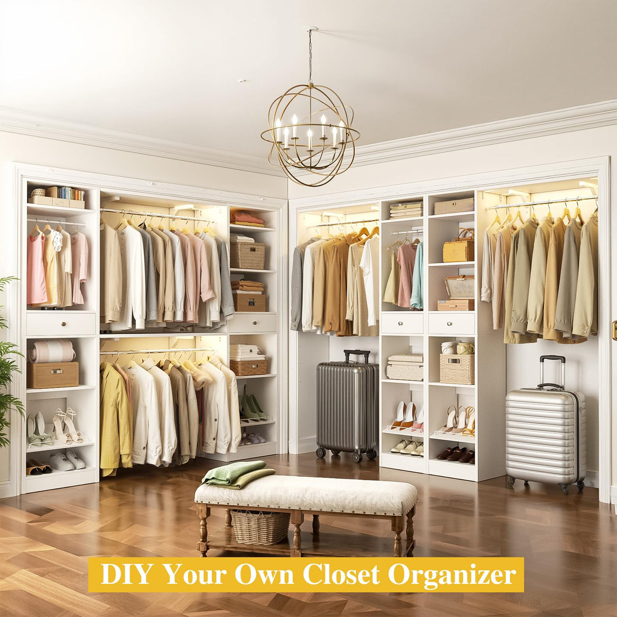 Unikito 10-15FT Closet Systems, Large Wood Walk in Closet Organizer with Hanging Rods and Drawers, Heavy Duty Closets Wardrobe with Shoe Rack, Sturdy Reversible Clothes Closet Kit, White, Set of 2 Unikito