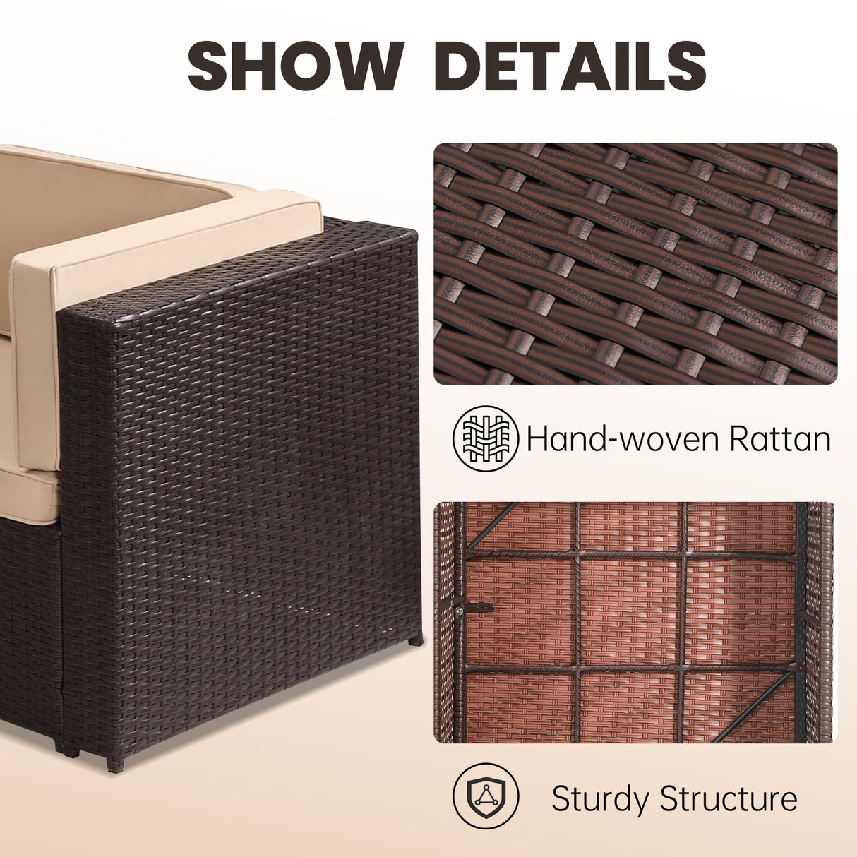 KROFEM 8 Pieces Outdoor Wicker Rattan Patio Furniture Sectional Set, Glass Top Table with Hidden Storage, 7 Sofa Sections, Oversized Cushions, Brown Color Rattan with Beige Cushion KROFEM