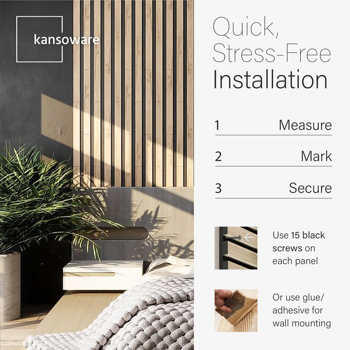 Kansoware Two Acoustic Wood Wall Veneer Slat Panels - Natural Oak | 94.49 x 12.6" Each | 16.54 sq ft. Coverage | Use for Soundproof Paneling, Interior Design, Outdoor Space, Van Restorations Kansoware
