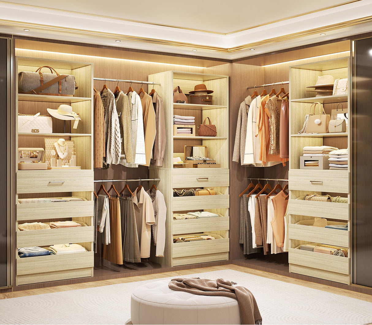 Aheaplus Closet System with 12 Drawers, 8.5-11.5Ft Wood Closet Organizer System with 4 Hang Rods & 3 Towers, 4Ft & 6Ft L-Shaped Walk-in Closets Wardrobe Organizer Clothes Rack, Set of 3, White Oak1 Aheaplus