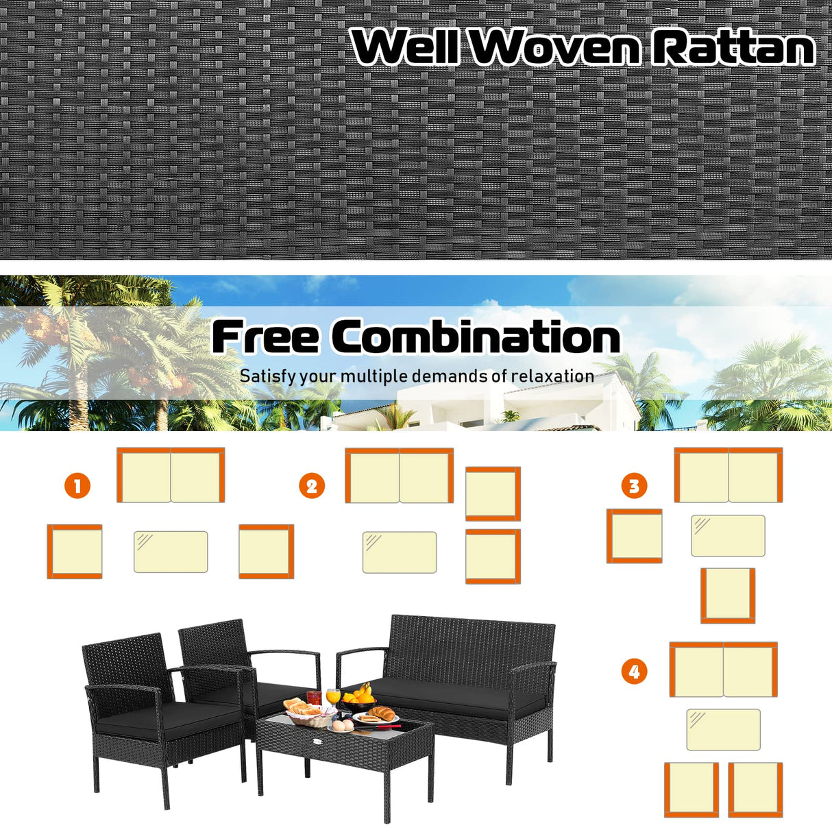 Tangkula 4 Piece Patio Rattan Conversation Set, Outdoor Wicker Furniture Set W/Glass Coffee Table, Solid Steel Structure, Ergonomic Seat, Suitable for Garden, Courtyard, Balcony, Poolside Tangkula
