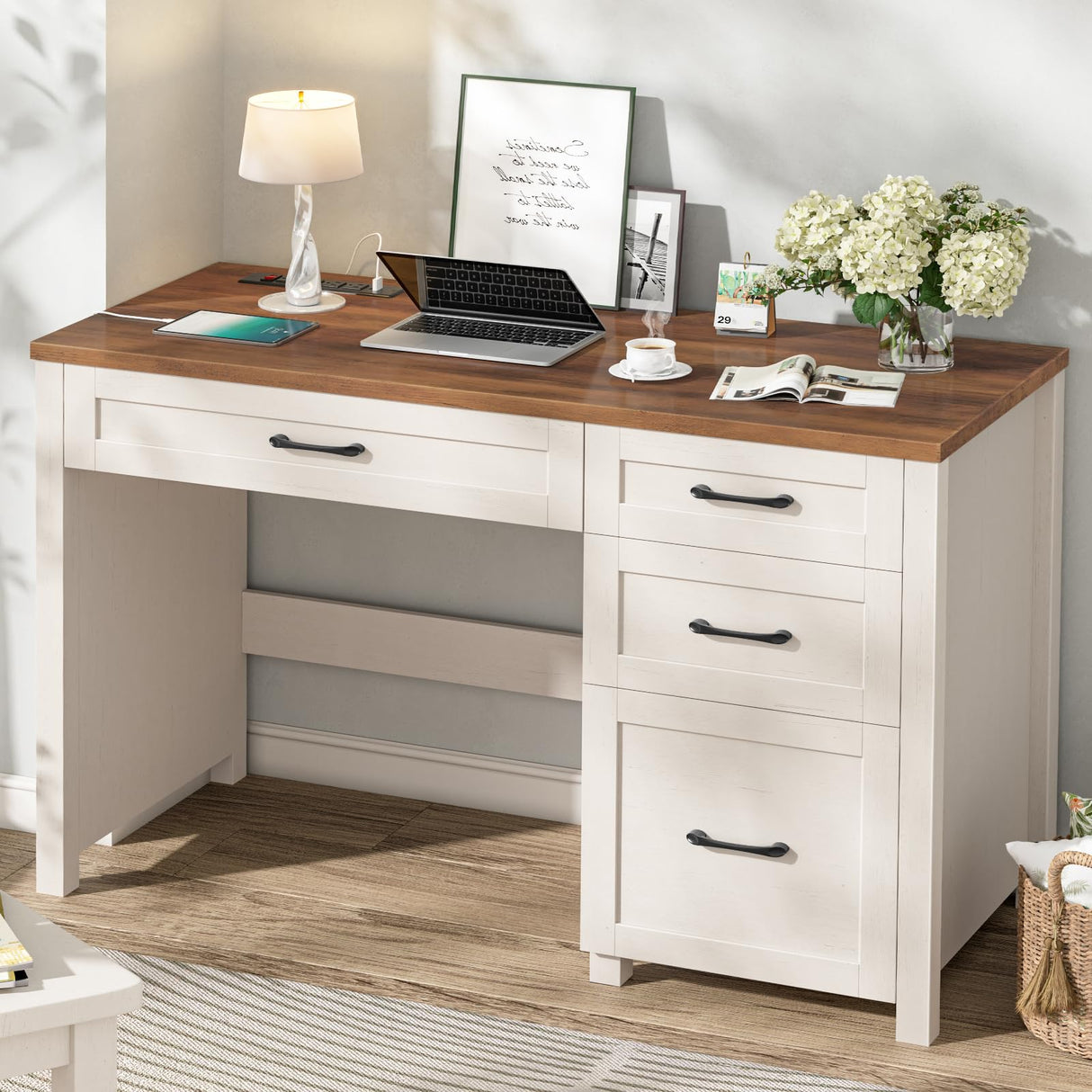 Vabches Farmhouse 47" Executive Desk with 4 Drawers, Computer Desk with File Drawer and Charging Station, Workstation for Home Office, Study.(Unique White) Vabches