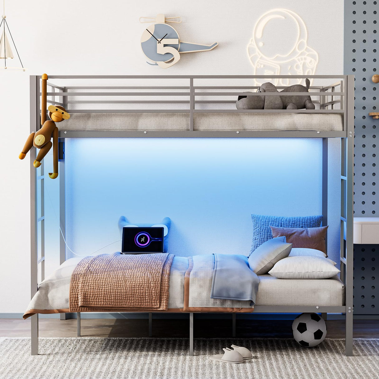 IKIFLY Full Over Full Bunk Beds with LED Lights and Charging Station, Heavy Duty Metal Full Size Bunk Bed Frame, Safety Guardrail & 2 Ladders, Space-Saving Design, No Box Spring Needed, Silver Grey IKIFLY