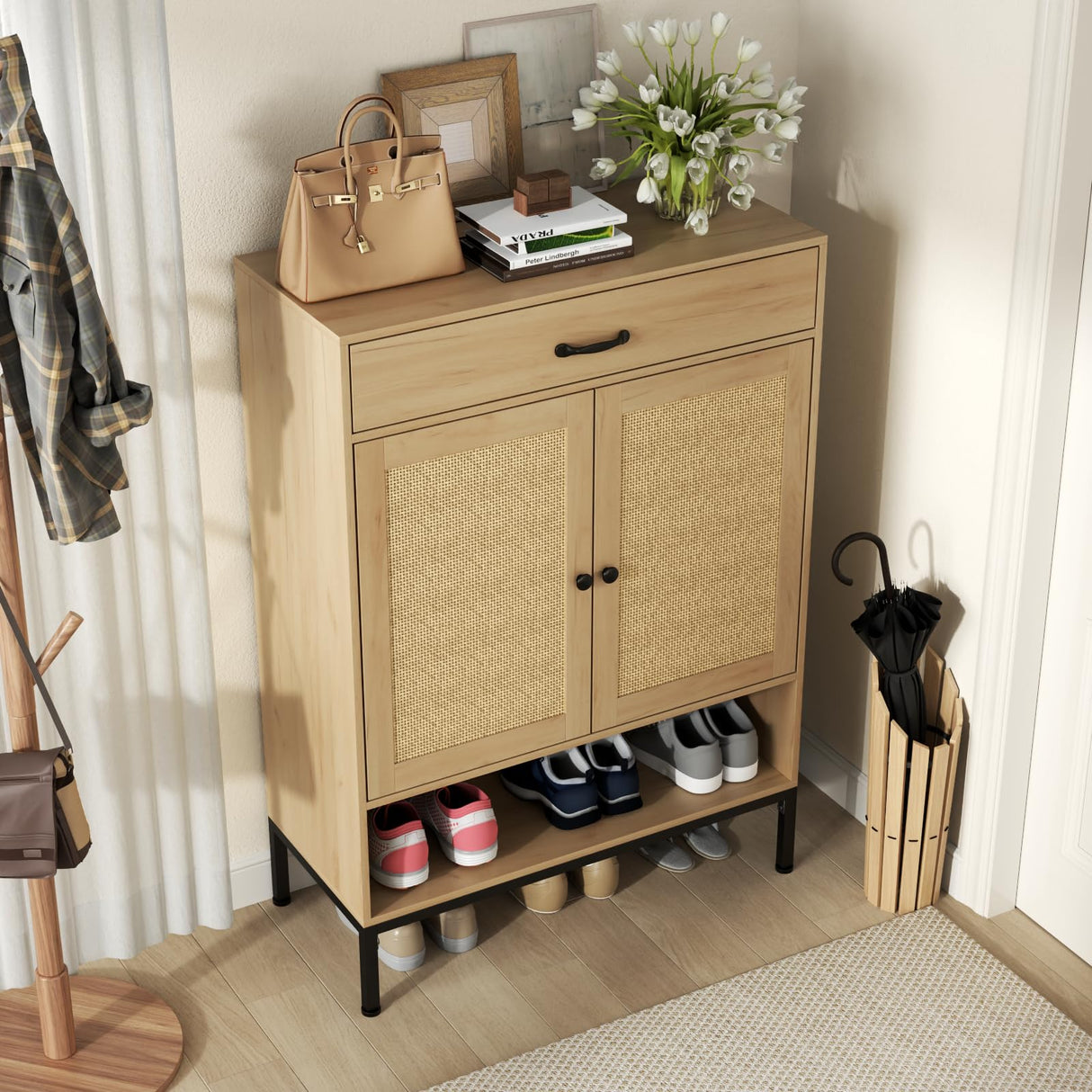 Loomie Rattan 5-Tier Shoe Storage Cabinet with Doors, Drawer & Cubby, 44.3" Boho Shoe Organizer for Entryway Hallway Closet (Natural) Loomie