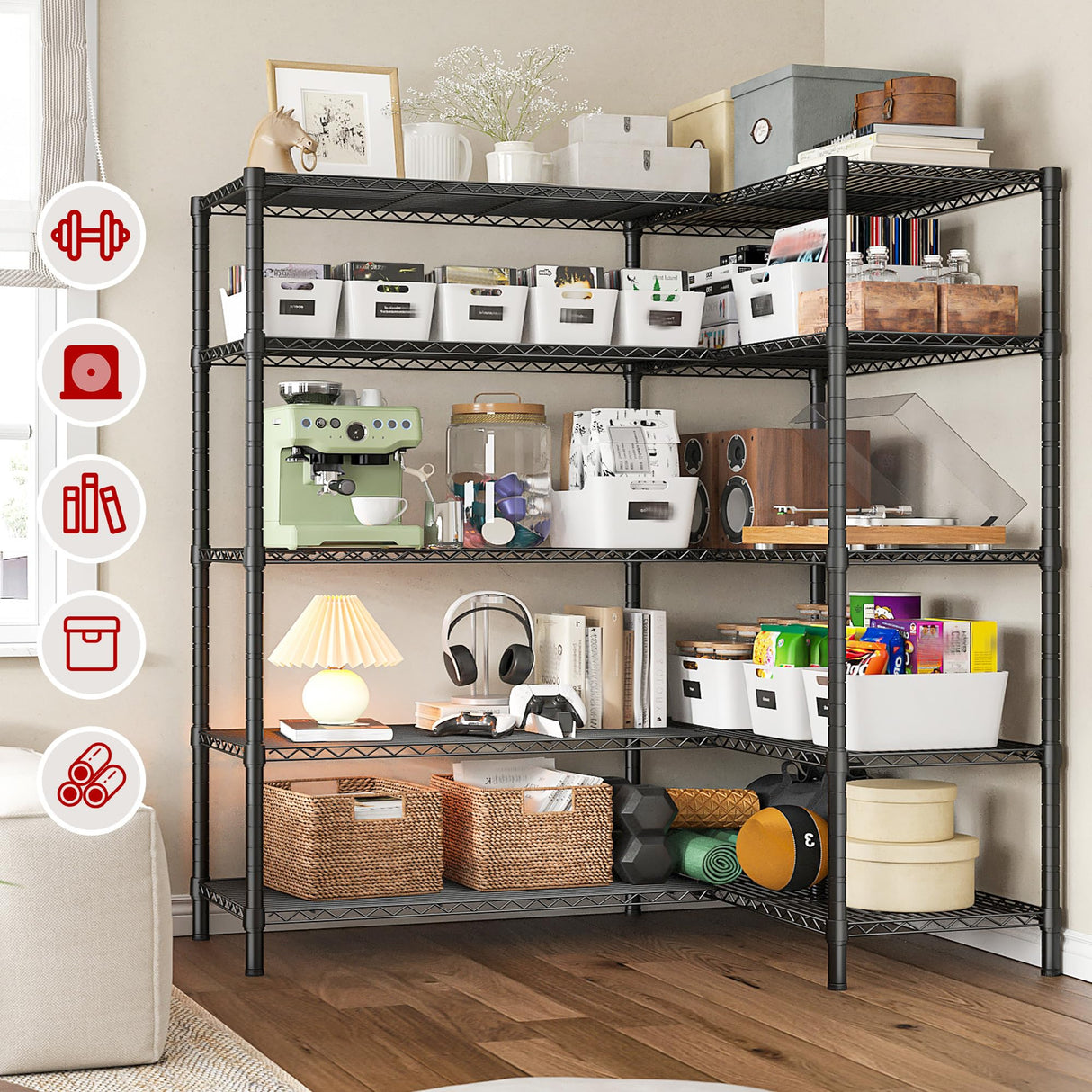 REIBII 5 Tier Wire Shelving Storage Shelves Loads 1430LBS, 58" W Metal Shelving Unit for Storage Adjustable Heavy Duty Garage Shelving Pantry Shelves Kitchen Shelving, Black, 2 Pack REIBII