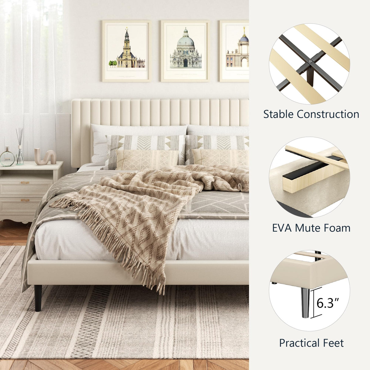 HAOARA King Size Bed Frame,King Size Platform Bed Frame and Velvet Upholstered Headboard with Strong Wood Slats, Box Spring Optional, Mattress Foundation, Easy Assembly Beige HAOARA