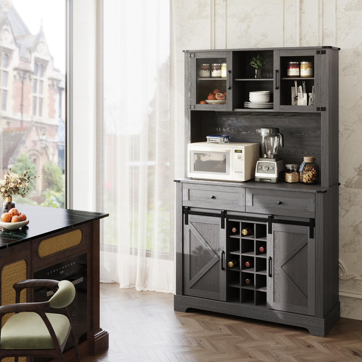 ARTPOWER Wine Bar Cabinet with Sliding Barn Door, 72" Hutch Cabinet with Wine&Glasses Rack, Tall Farmhouse Kitchen Pantry Buffet with Drawers for Dining Room, Gray ARTPOWER