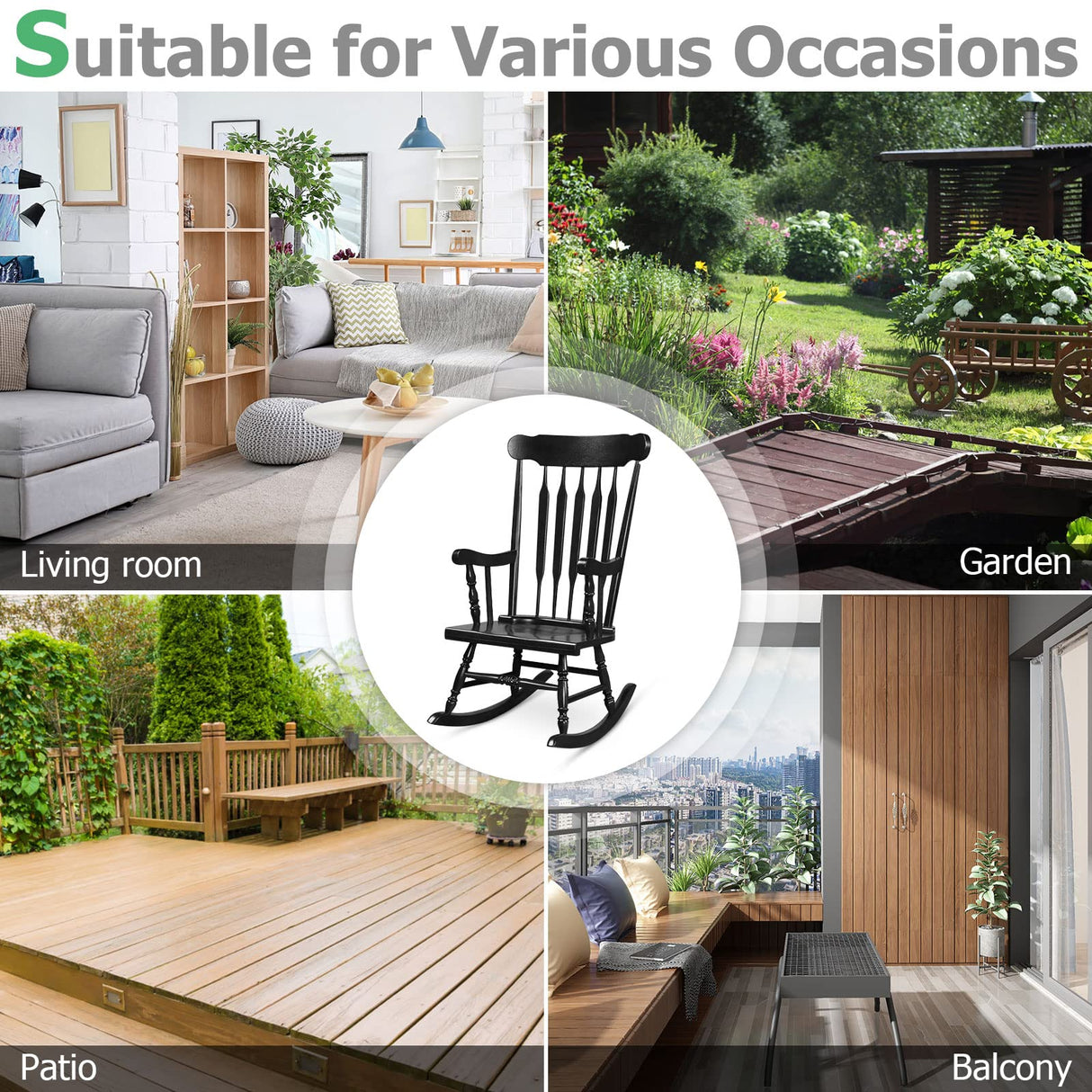 Tangkula Patio Rocking Chair Solid Rubber Wood, Outdoor Porch Rocker Chair with Rubber Wood Frame, Indoor Wooden Rocking Chair, Ideal for Garden, Backyard & Balcony (1, Black) Tangkula