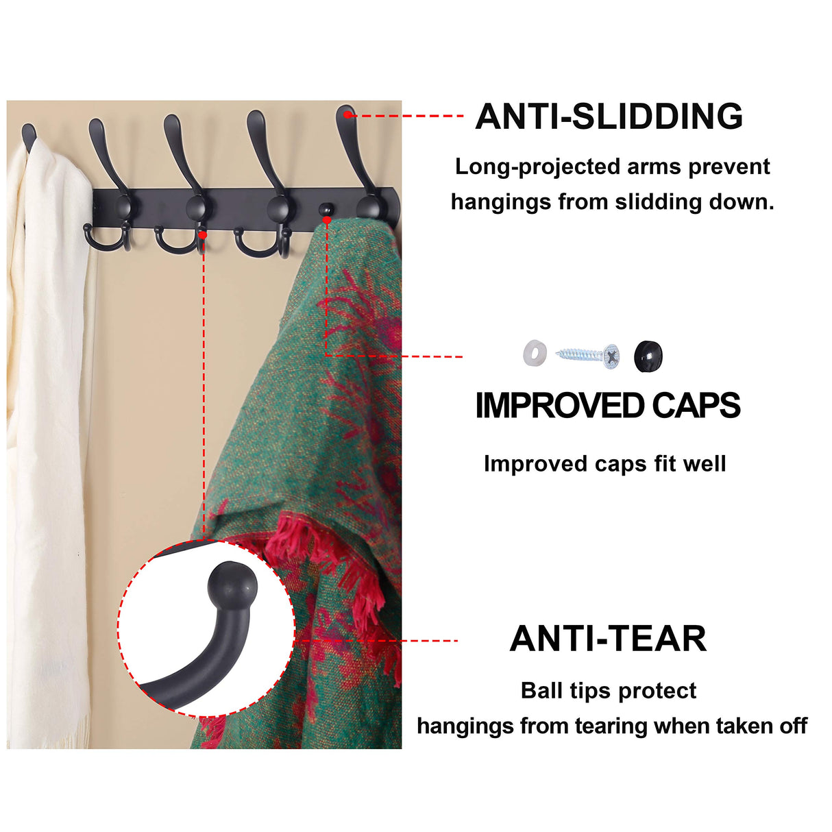 Dseap Coat Rack Wall Mounted - 5 Tri Hooks, Heavy Duty, Stainless Steel, Metal Coat Hook Rail for Coat Hat Towel Purse Robes Mudroom Bathroom Entryway (Black, 2 Packs) Dseap