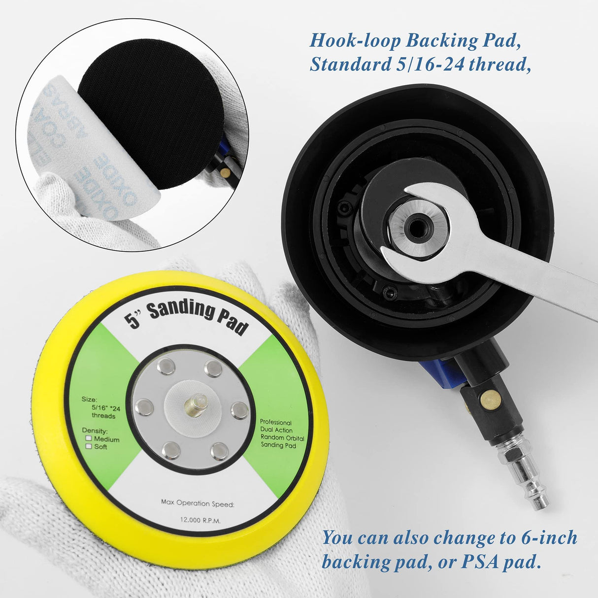 5 inch Air Random Orbital Sander for Auto Body Work, Pneumatic Palm Sander with 10 Polishing Sponge & Wool Pads, 10 Sandpapers (5 Inch Kit) UPWOOD