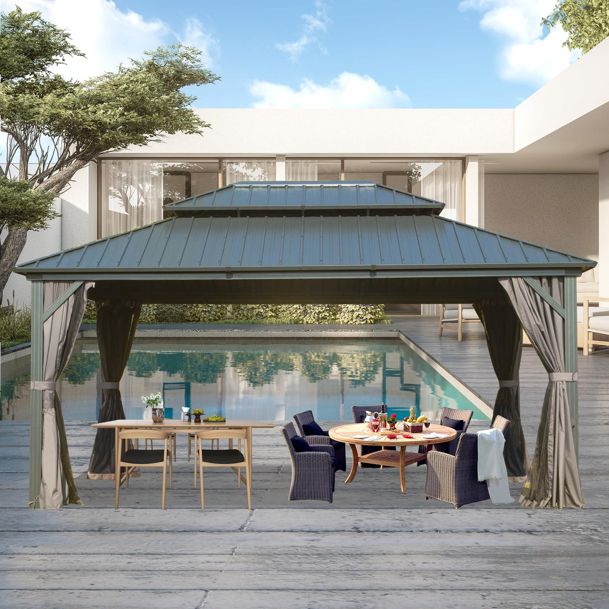 Domi 12' X 16' Hardtop Gazebo, Aluminum Metal Gazebo with Galvanized Steel Double Roof Canopy, Curtain and Netting, Permanent Gazebo Pavilion for Patio, Backyard, Deck, Lawn… domi outdoor living