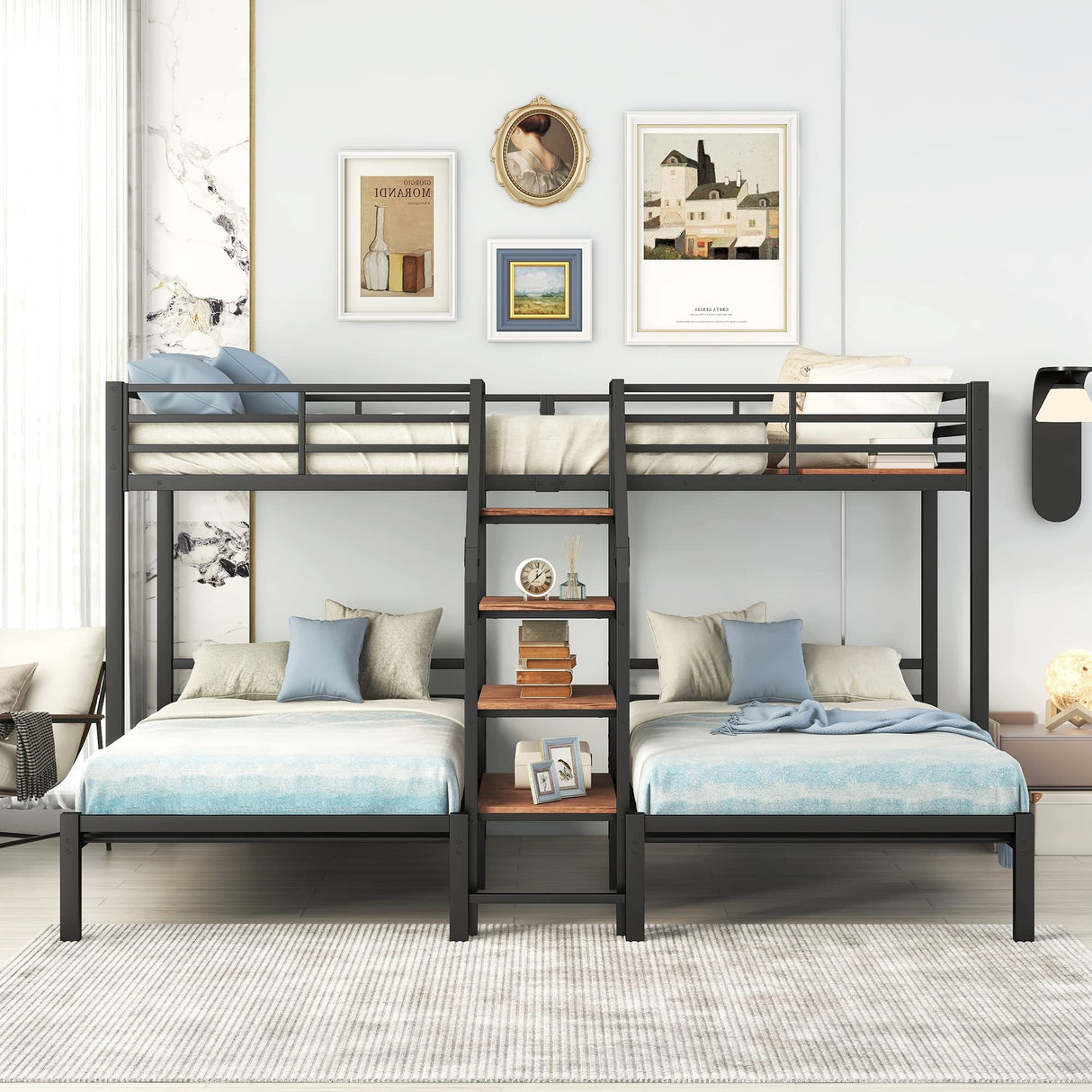 Harper & Bright Designs Metal Triple Bunk Bed with Stairs, 3 Beds Bunk Bed, Twin Over Twin & Twin Bunk Bed with Storage Shelves Staircase, for Kids Teens Adults, Black Harper & Bright Designs